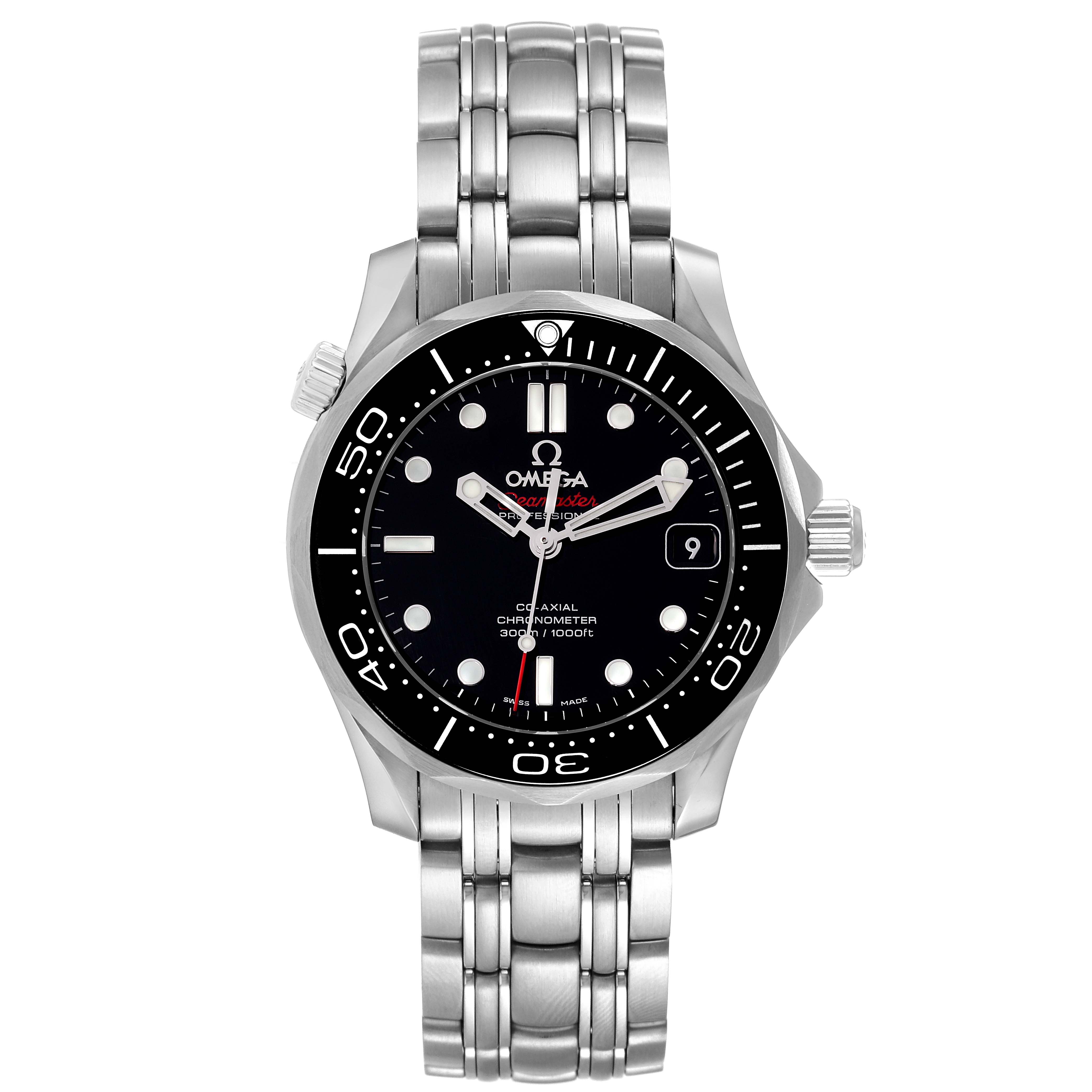 This image shows a frontal view of the Omega Seamaster 212.30.36.20.01.002 Men's Stainless Steel Black Dial 212.30.36.20.01.002 Men's Stainless Steel Black Dial watch, highlighting the dial, bezel, and stainless steel bracelet.