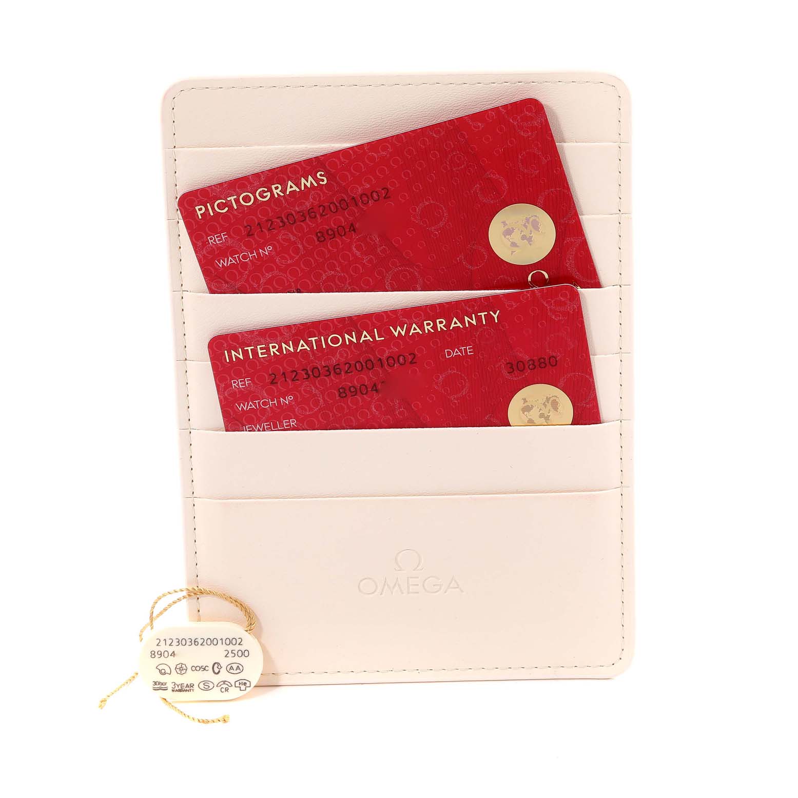 The image shows Omega Seamaster 212.30.36.20.01.002 Men's Stainless Steel Black Dial 212.30.36.20.01.002 Men's Stainless Steel Black Dial watch accessories including a warranty card holder with two red cards and a hang tag.