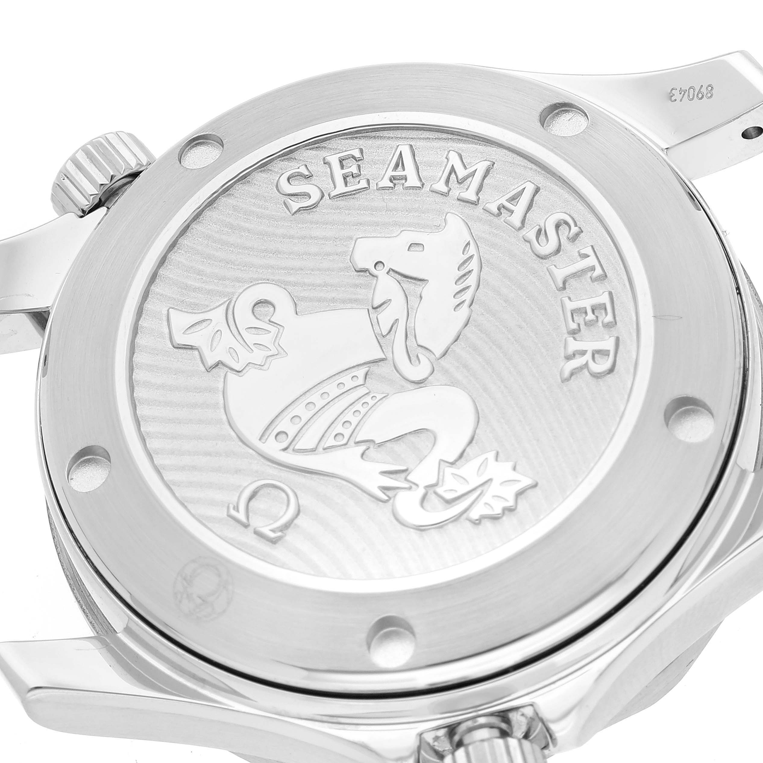 This image shows the case back of an Omega Seamaster 212.30.36.20.01.002 Men's Stainless Steel Black Dial 212.30.36.20.01.002 Men's Stainless Steel Black Dial watch, displaying the engraved logo and part of the crown.