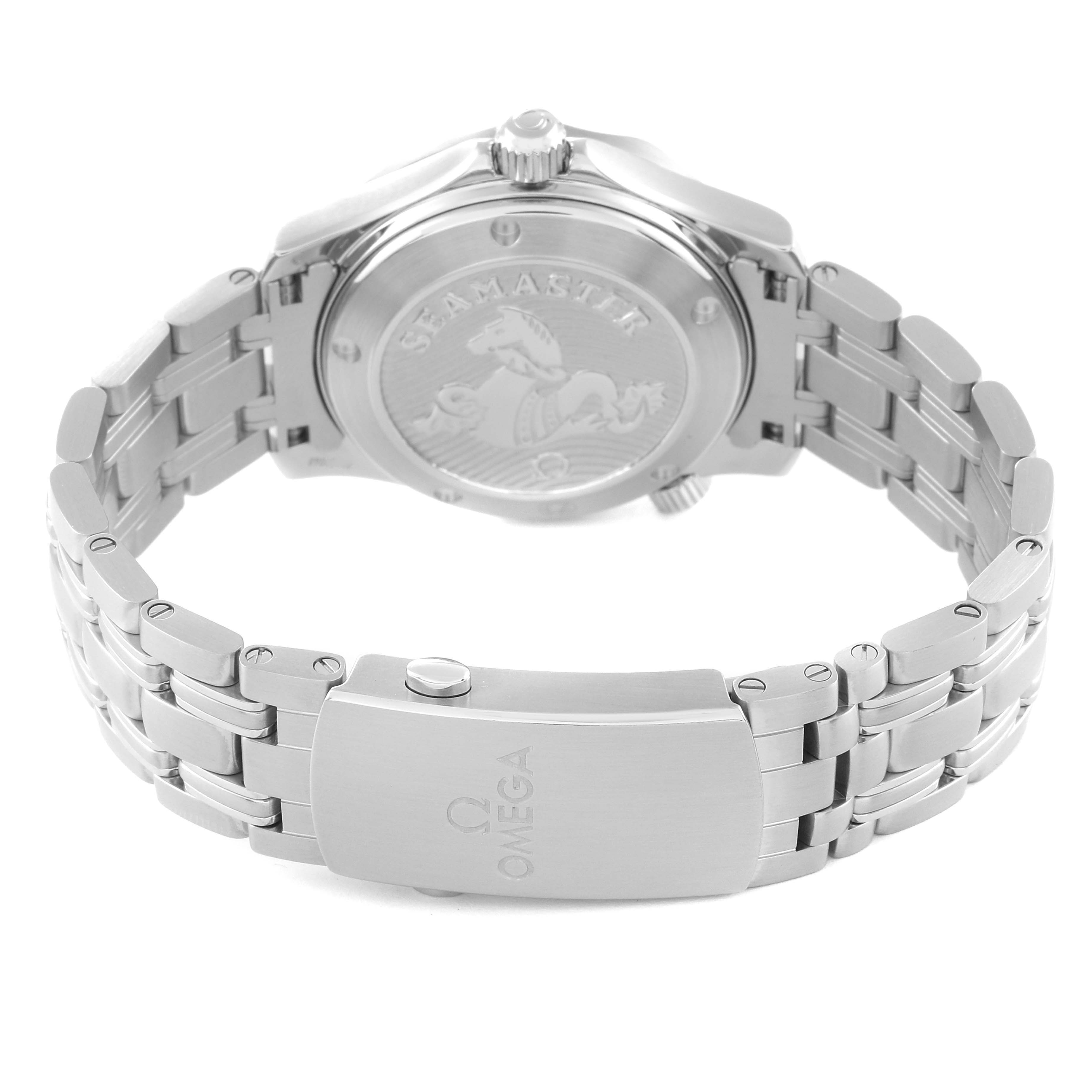 The image shows the back view of the Omega Seamaster 212.30.36.20.01.002 Men's Stainless Steel Black Dial 212.30.36.20.01.002 Men's Stainless Steel Black Dial watch, highlighting the clasp and engraved case back.