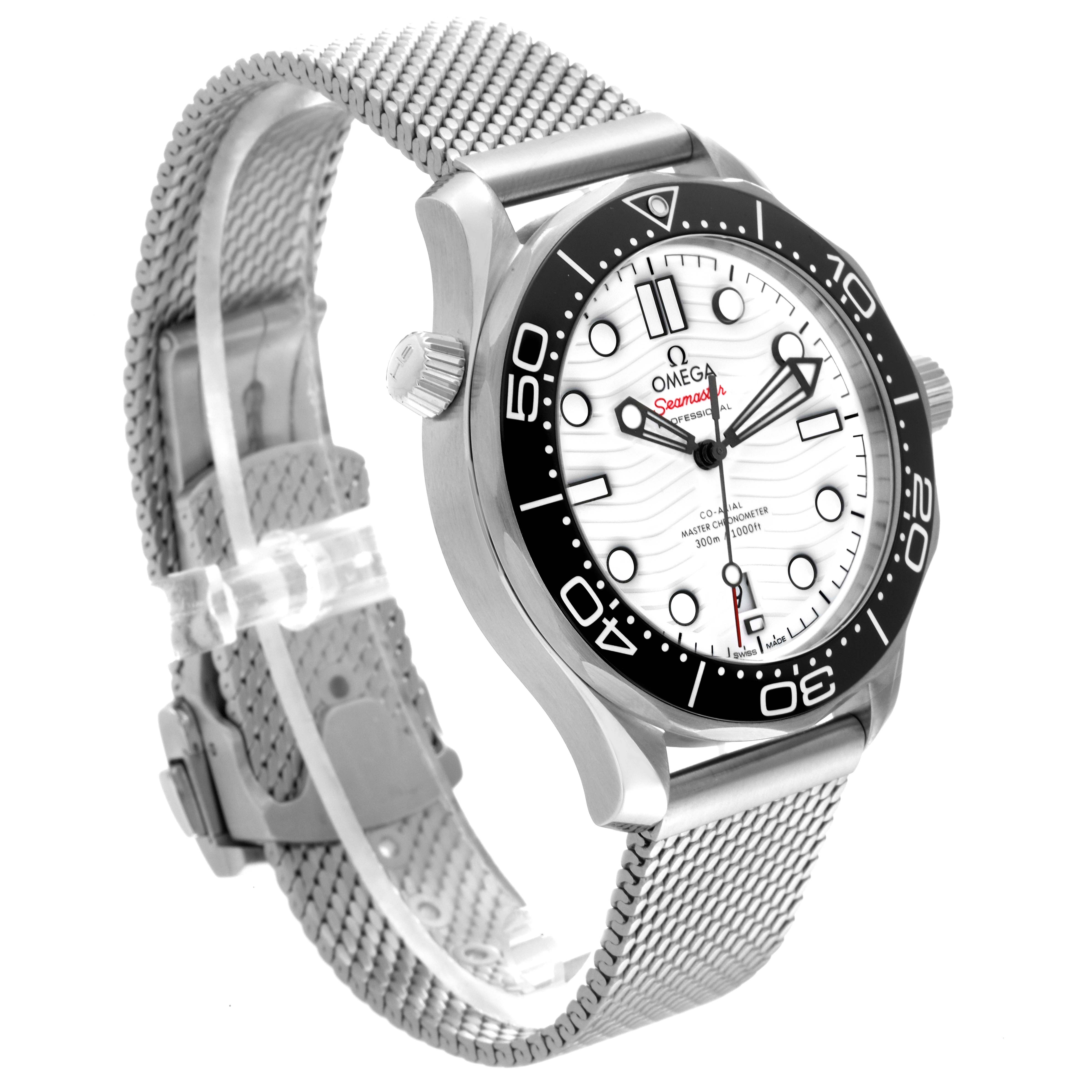 This image shows a side angle of the Omega Seamaster 210.32.42.20.04.001 Men
s Stainless Steel White Dial 210.32.42.20.04.001 Men
s Stainless Steel White Dial watch, focusing on the dial, bezel, case, and metal mesh strap.