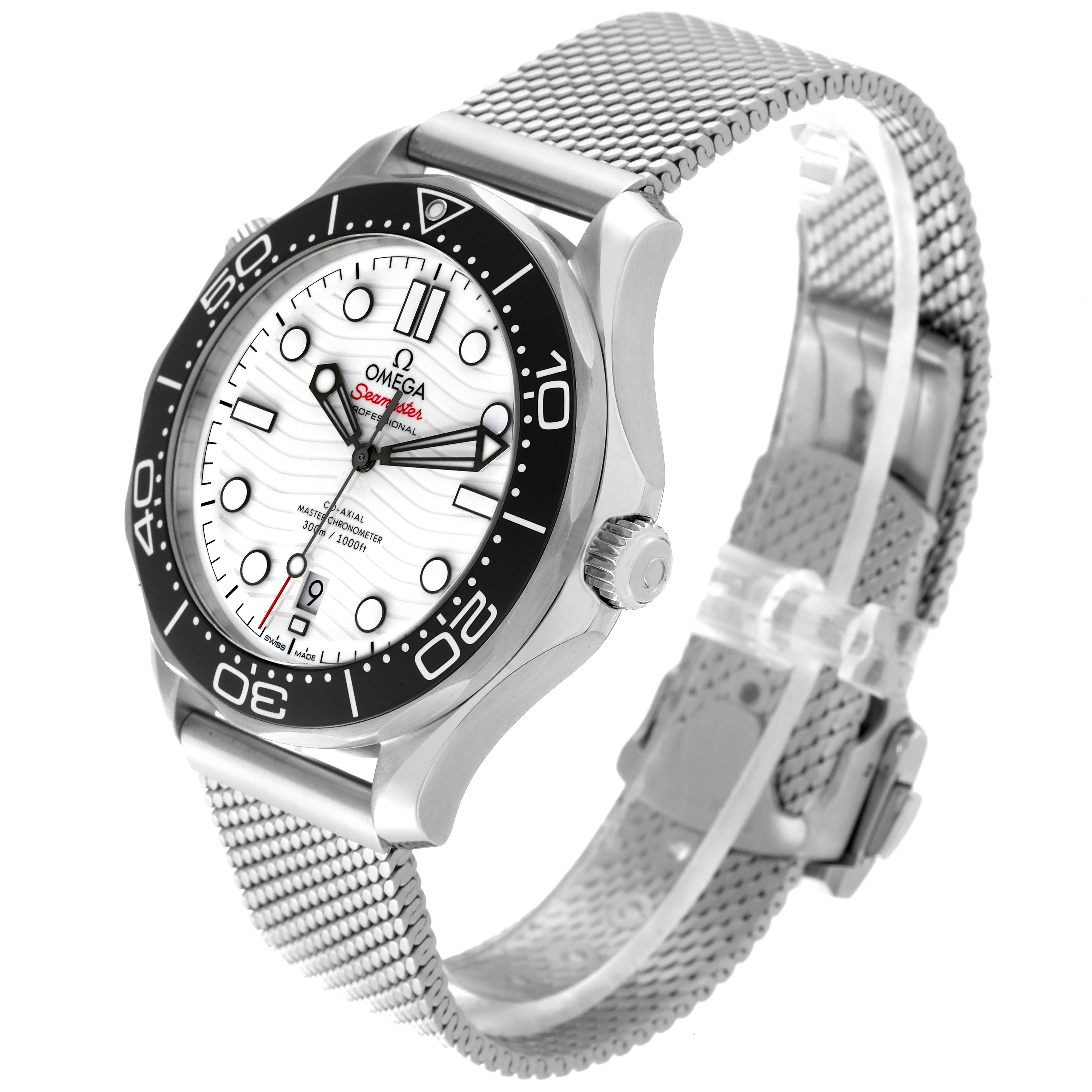 The Omega Seamaster 210.32.42.20.04.001 Men
s Stainless Steel White Dial 210.32.42.20.04.001 Men
s Stainless Steel White Dial watch is shown at an angle highlighting the face, bezel, case, and metal mesh strap.
