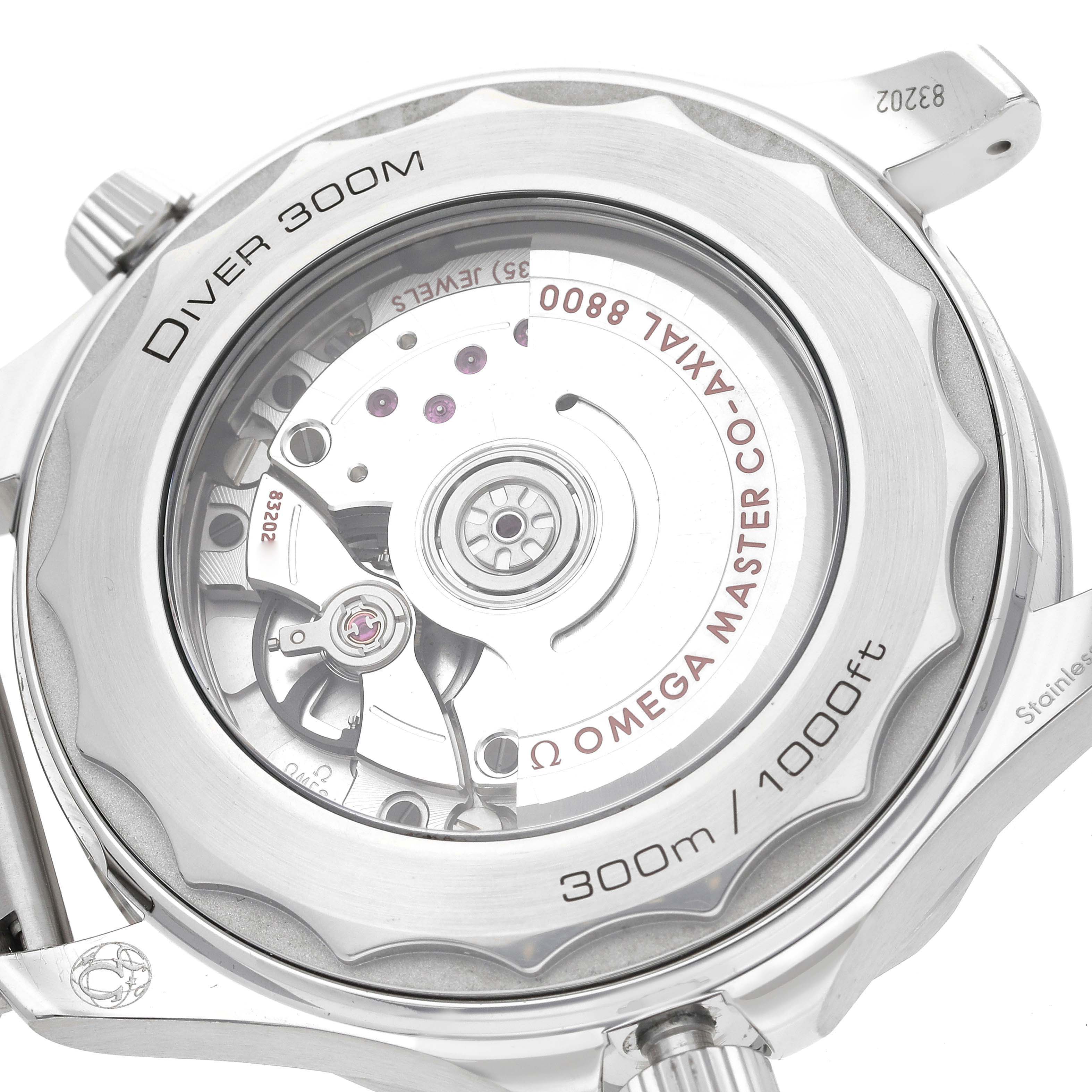 This image shows the back of the Omega Seamaster 210.32.42.20.04.001 Men
s Stainless Steel White Dial 210.32.42.20.04.001 Men
s Stainless Steel White Dial Diver 300M, revealing its Co-Axial Master Chronometer movement.