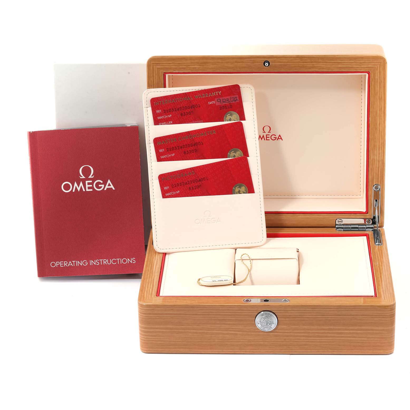 The image shows a wooden Omega Seamaster 210.32.42.20.04.001 Men
s Stainless Steel White Dial 210.32.42.20.04.001 Men
s Stainless Steel White Dial watch box, warranty cards, a manual, and watch tags.