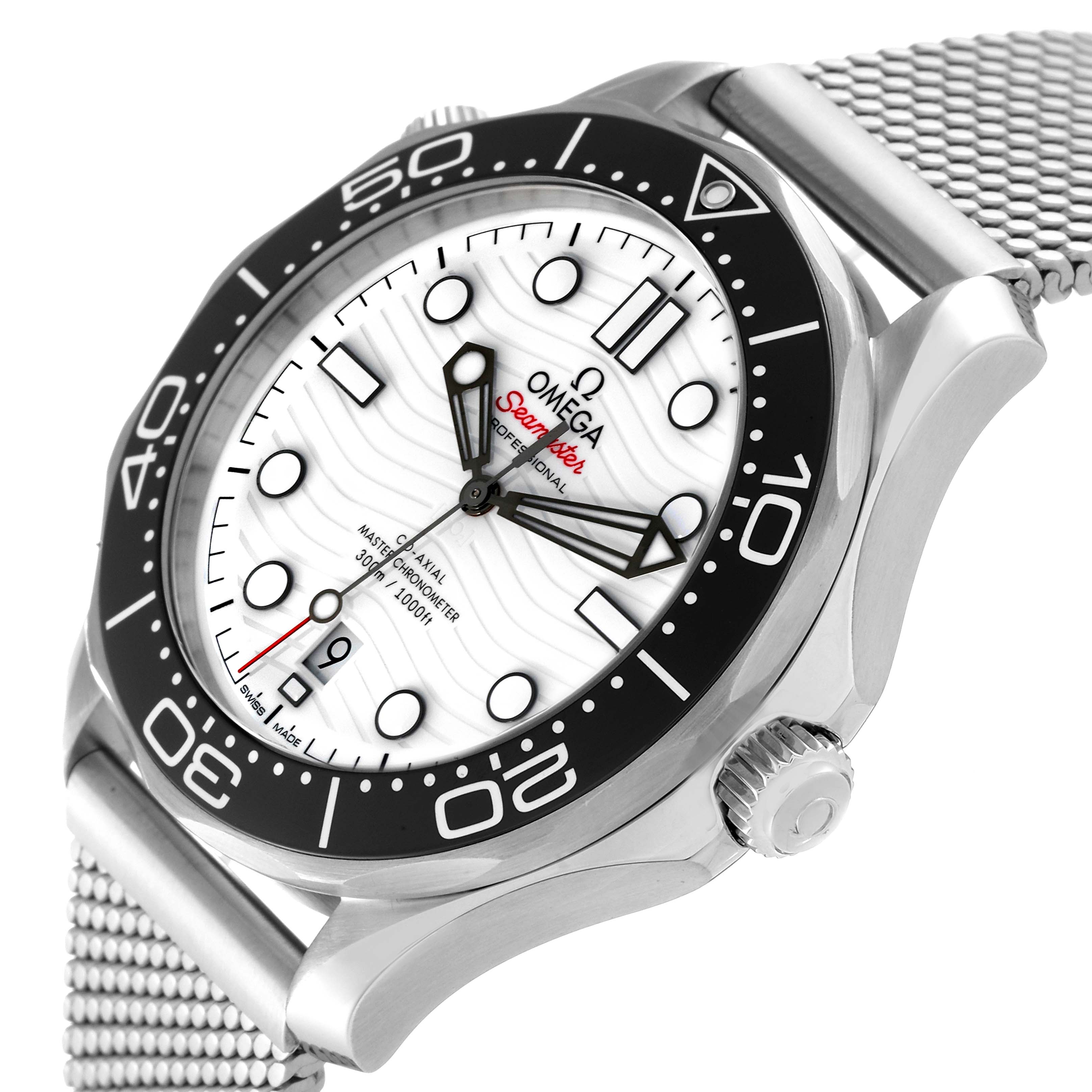 The Omega Seamaster 210.32.42.20.04.001 Men
s Stainless Steel White Dial 210.32.42.20.04.001 Men
s Stainless Steel White Dial watch is shown at a slight side angle, highlighting the face, bezel, crown, and part of the bracelet.