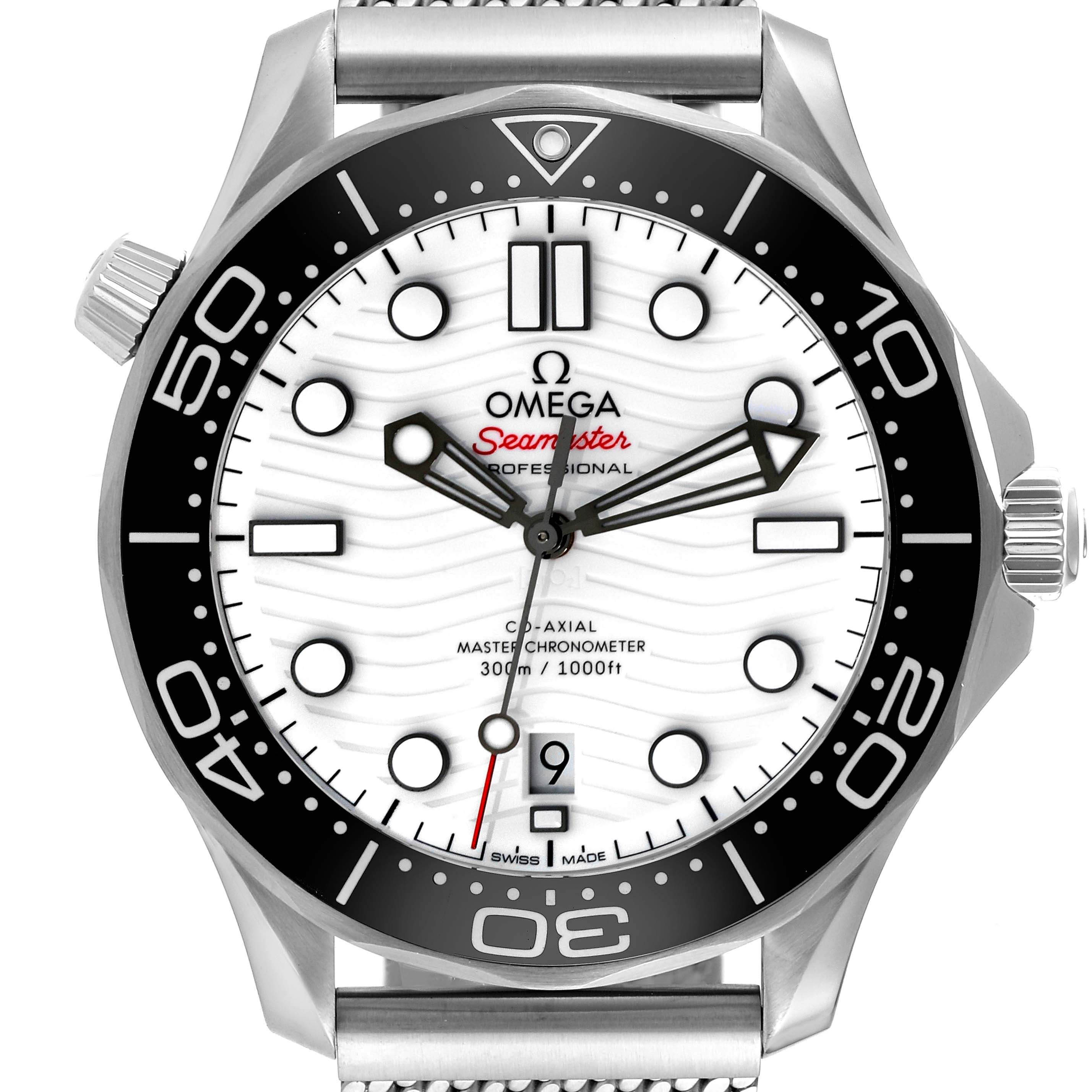 The image shows a front view of the Omega Seamaster 210.32.42.20.04.001 Men
s Stainless Steel White Dial 210.32.42.20.04.001 Men
s Stainless Steel White Dial watch, highlighting its dial, bezel, and crown.