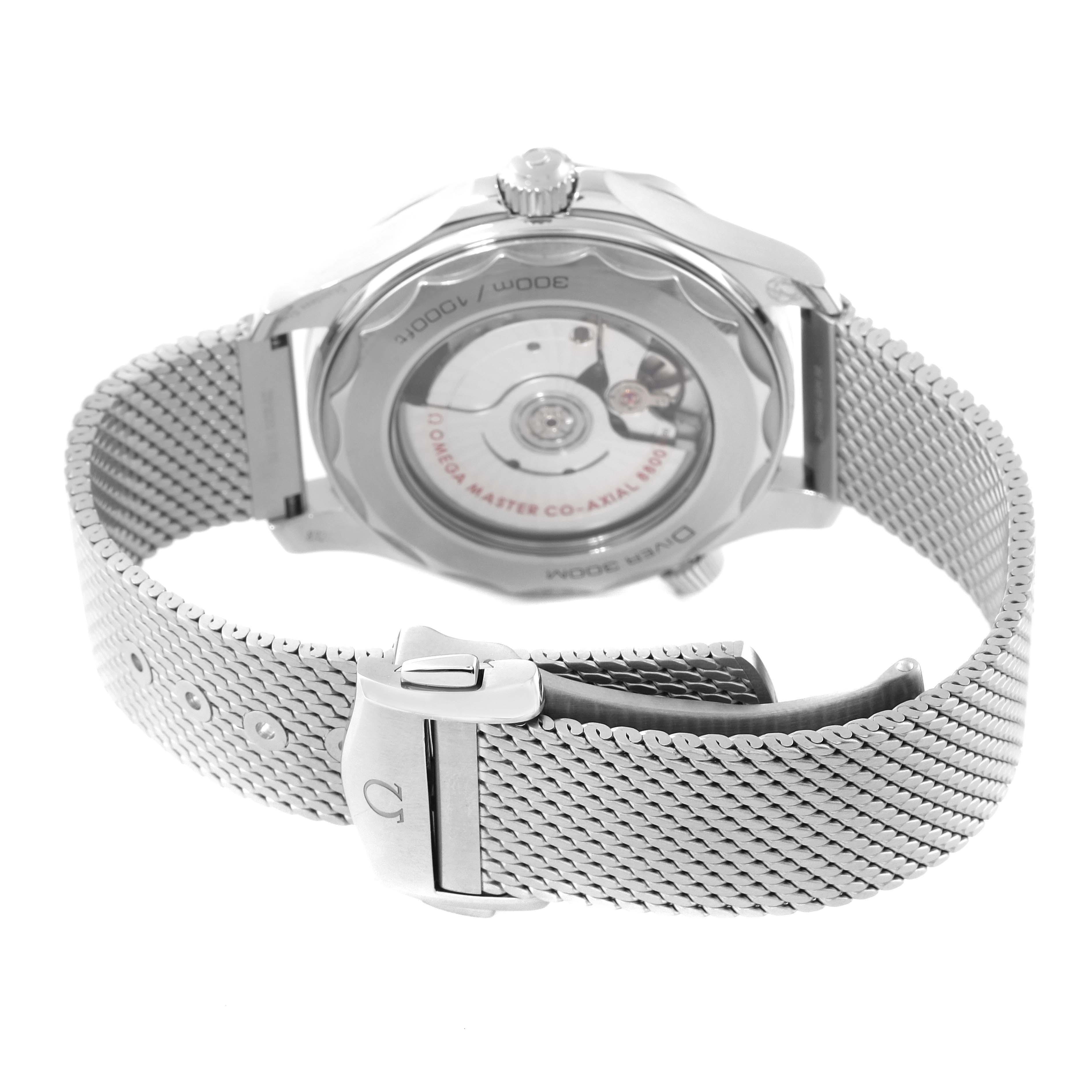 The image shows the back side of an Omega Seamaster 210.32.42.20.04.001 Men
s Stainless Steel White Dial 210.32.42.20.04.001 Men
s Stainless Steel White Dial watch, highlighting the stainless steel case and mesh bracelet.