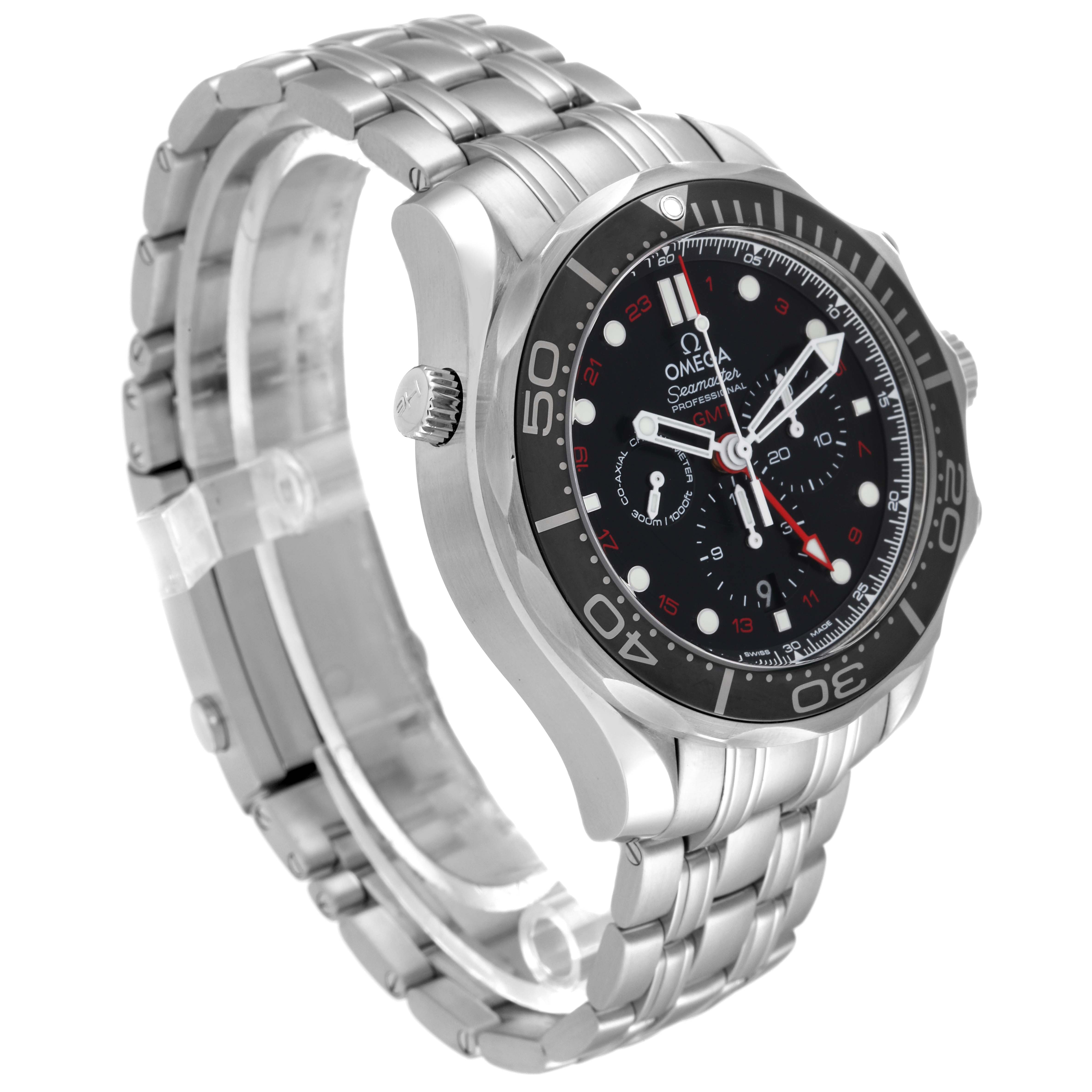 This image shows a side and front view of an Omega Seamaster 212.30.44.52.01.001 Men's Stainless Steel Black Dial 212.30.44.52.01.001 Men's Stainless Steel Black Dial watch, featuring its face, bezel, and stainless steel bracelet.