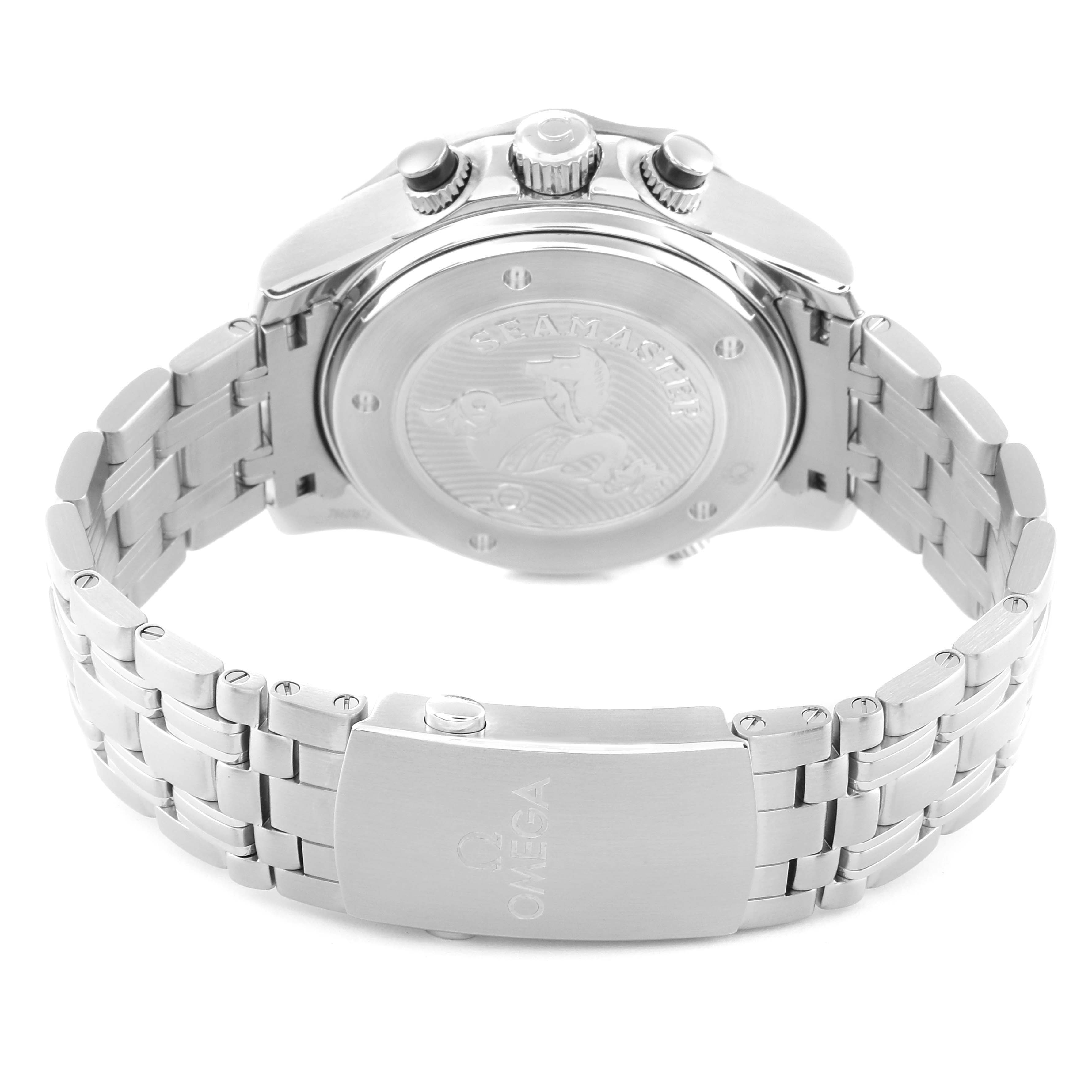 This image shows the back case, crown, push buttons, and bracelet of the Omega Seamaster 212.30.44.52.01.001 Men's Stainless Steel Black Dial 212.30.44.52.01.001 Men's Stainless Steel Black Dial watch from a rear angle.