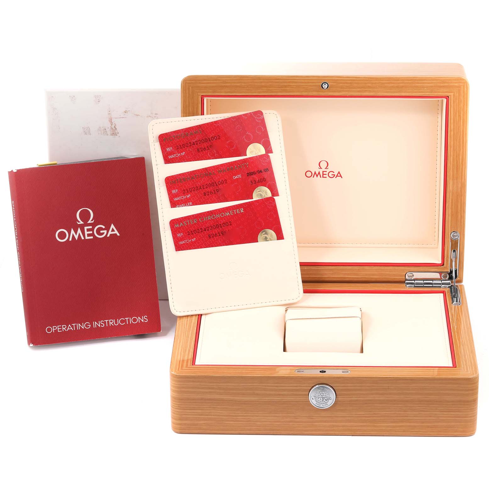 The image shows an Omega Seamaster 210.22.42.20.01.002 Men's Steel and Gold (two tone) Black Dial 210.22.42.20.01.002 Men's Steel and Gold (two tone) Black Dial watch box, operating instructions booklet, and warranty cards holder.