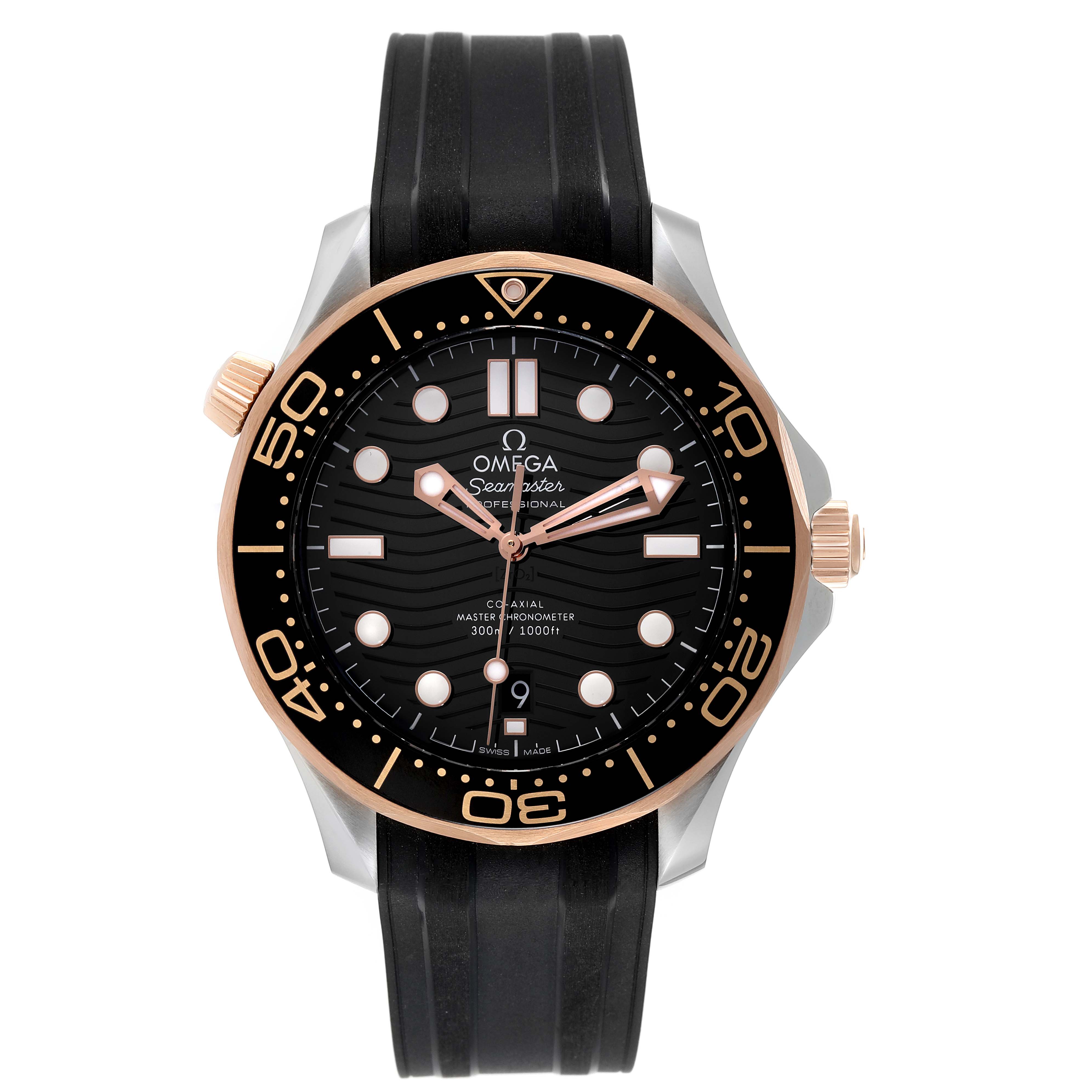 This image shows a front view of an Omega Seamaster 210.22.42.20.01.002 Men's Steel and Gold (two tone) Black Dial 210.22.42.20.01.002 Men's Steel and Gold (two tone) Black Dial watch, highlighting its black dial, gold accents, and black rubber strap.