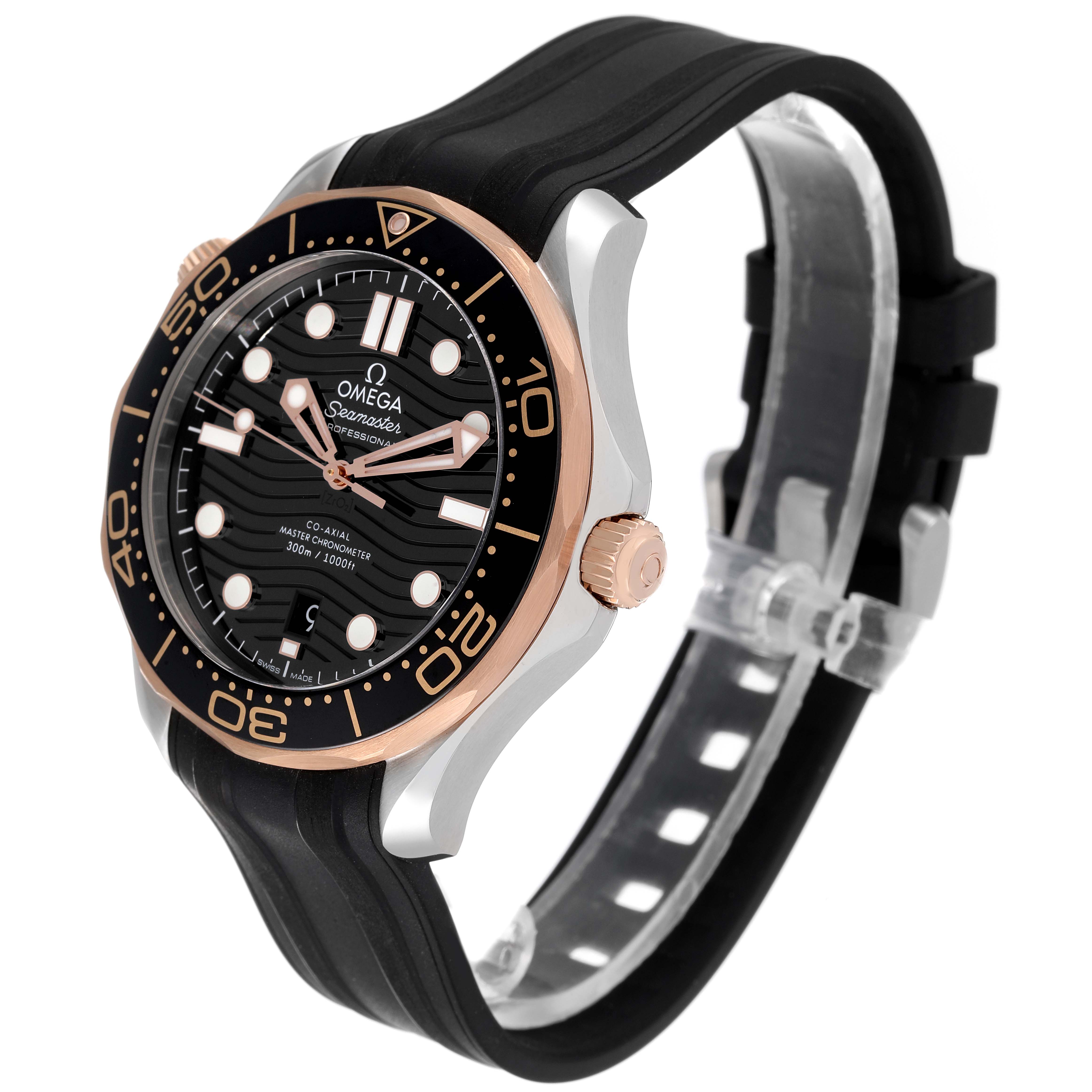 The Omega Seamaster 210.22.42.20.01.002 Men's Steel and Gold (two tone) Black Dial 210.22.42.20.01.002 Men's Steel and Gold (two tone) Black Dial watch is shown at a slight angle, highlighting the black dial, bezel, and rubber strap.