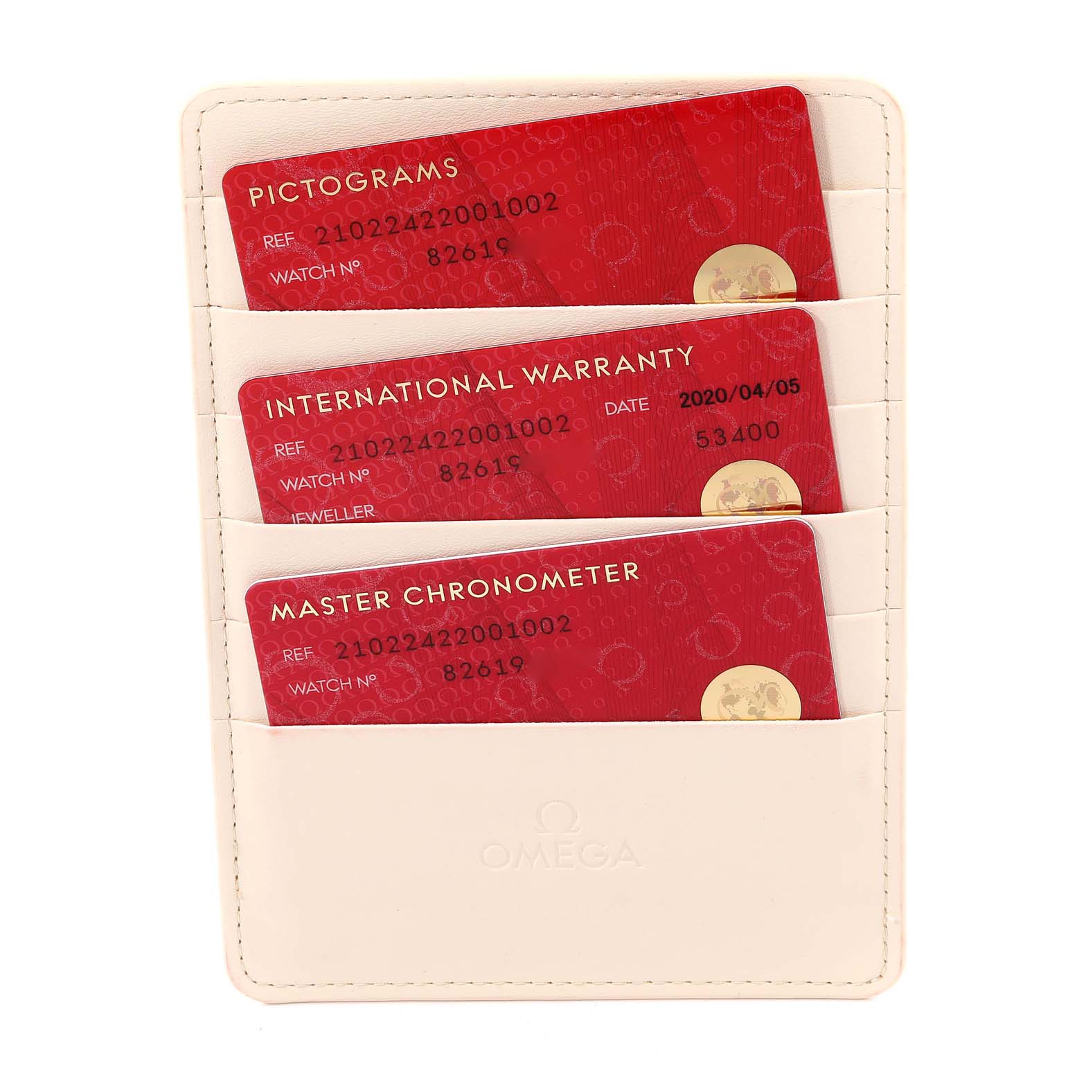 The image shows the Omega Seamaster 210.22.42.20.01.002 Men's Steel and Gold (two tone) Black Dial 210.22.42.20.01.002 Men's Steel and Gold (two tone) Black Dial model watch's accessory cards including Pictograms, International Warranty, and Master Chronometer in a holder.