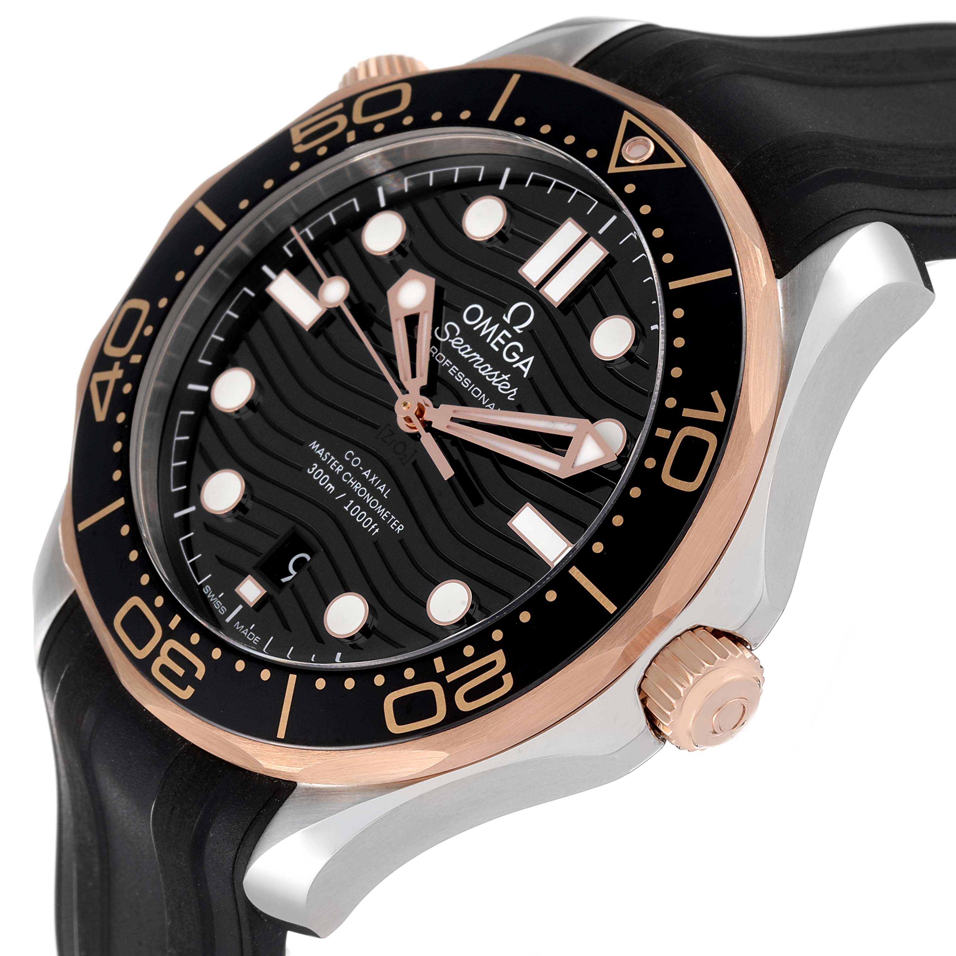 The image shows a side angle of an Omega Seamaster 210.22.42.20.01.002 Men's Steel and Gold (two tone) Black Dial 210.22.42.20.01.002 Men's Steel and Gold (two tone) Black Dial watch featuring the bezel, dial, crown, and part of the strap.