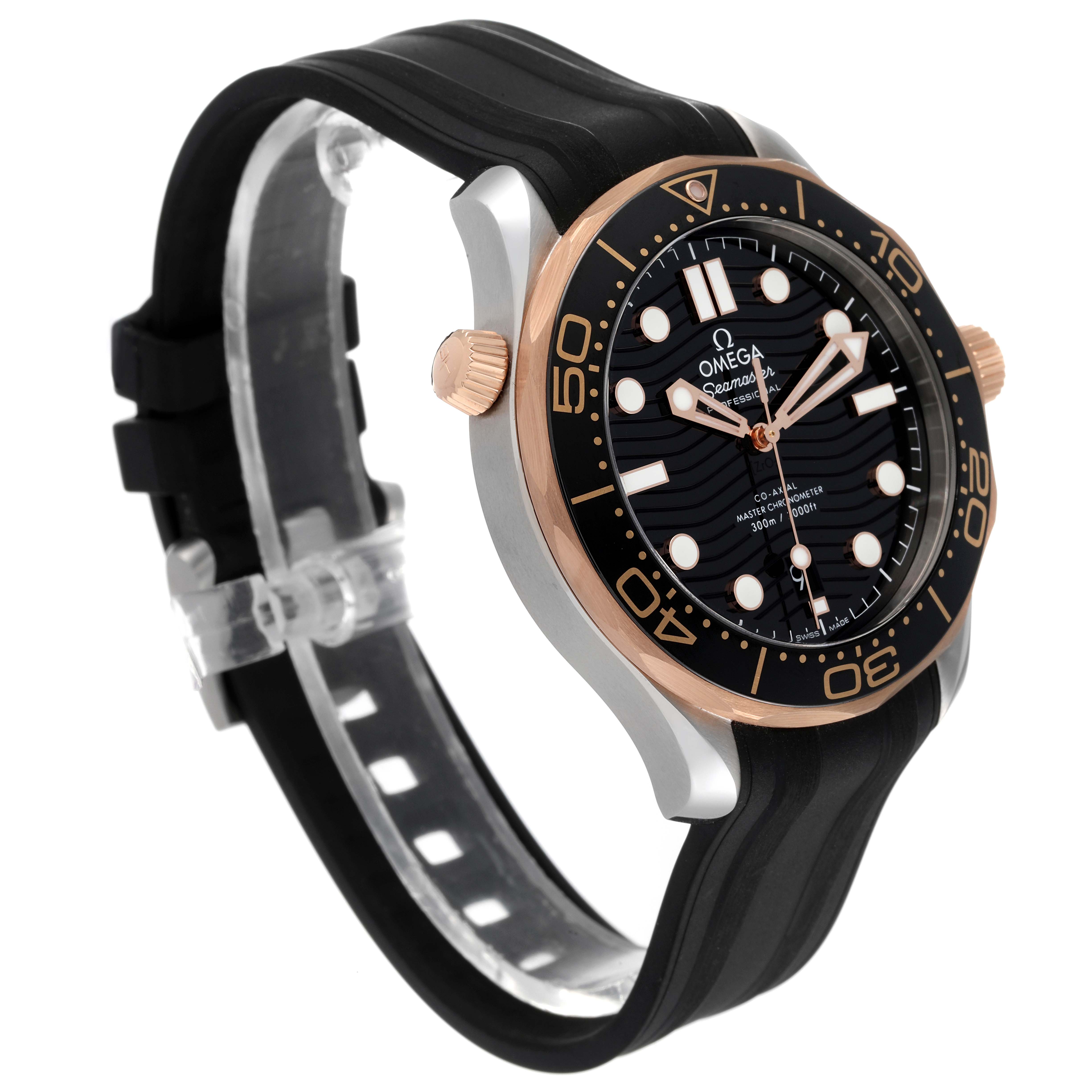 The image shows an Omega Seamaster 210.22.42.20.01.002 Men's Steel and Gold (two tone) Black Dial 210.22.42.20.01.002 Men's Steel and Gold (two tone) Black Dial watch at a three-quarter angle, featuring its bezel, crown, black dial, and rubber strap.