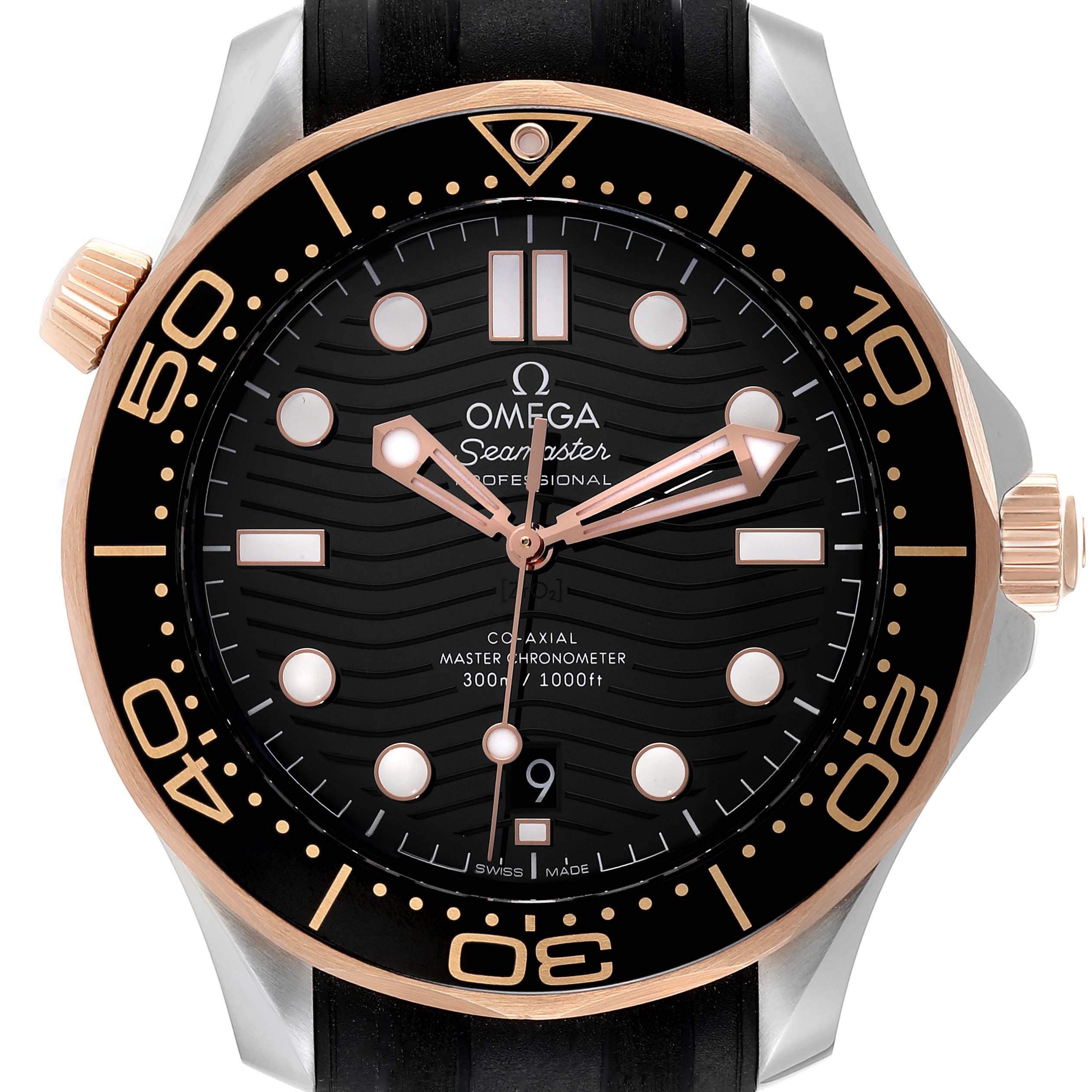 This image shows a close-up of the Omega Seamaster 210.22.42.20.01.002 Men's Steel and Gold (two tone) Black Dial 210.22.42.20.01.002 Men's Steel and Gold (two tone) Black Dial watch, focusing on the face, bezel, and crown.