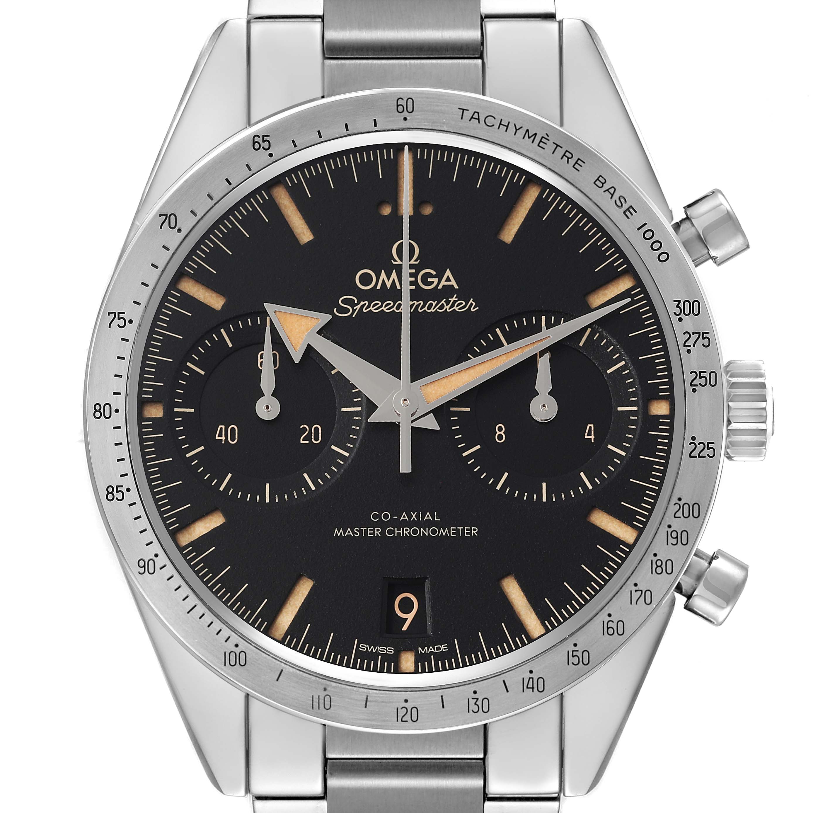 This image shows a front view of an Omega Speedmaster 332.10.41.51.01.001 Men
s Stainless Steel Black Dial 332.10.41.51.01.001 Men
s Stainless Steel Black Dial watch, highlighting its dial, hands, subdials, and tachymeter bezel.