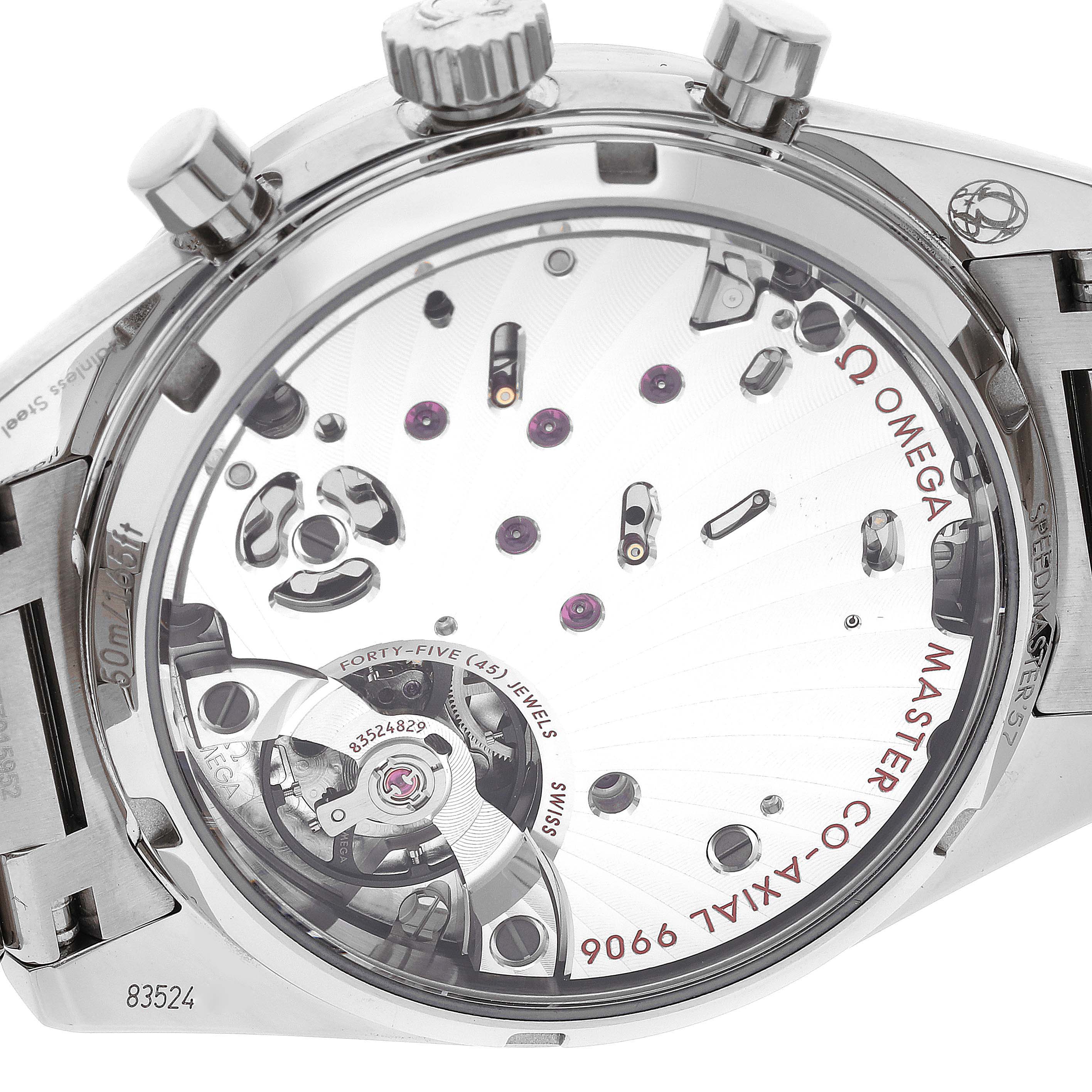 The image shows the backside of the Omega Speedmaster 332.10.41.51.01.001 Men
s Stainless Steel Black Dial 332.10.41.51.01.001 Men
s Stainless Steel Black Dial watch, highlighting its intricate mechanical movement.