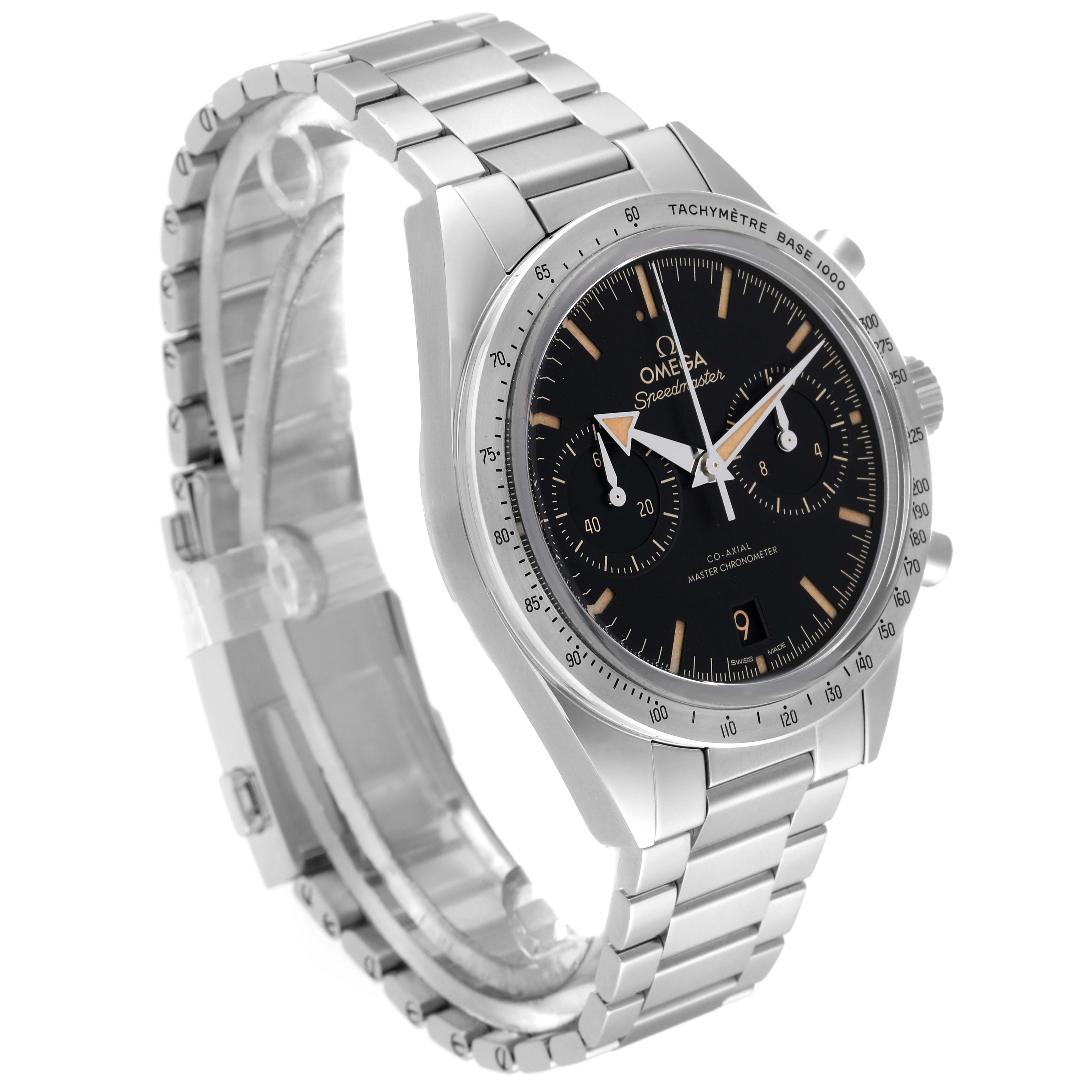 The image shows an angled view of an Omega Speedmaster 332.10.41.51.01.001 Men
s Stainless Steel Black Dial 332.10.41.51.01.001 Men
s Stainless Steel Black Dial watch highlighting its dial, bezel, and stainless steel bracelet.