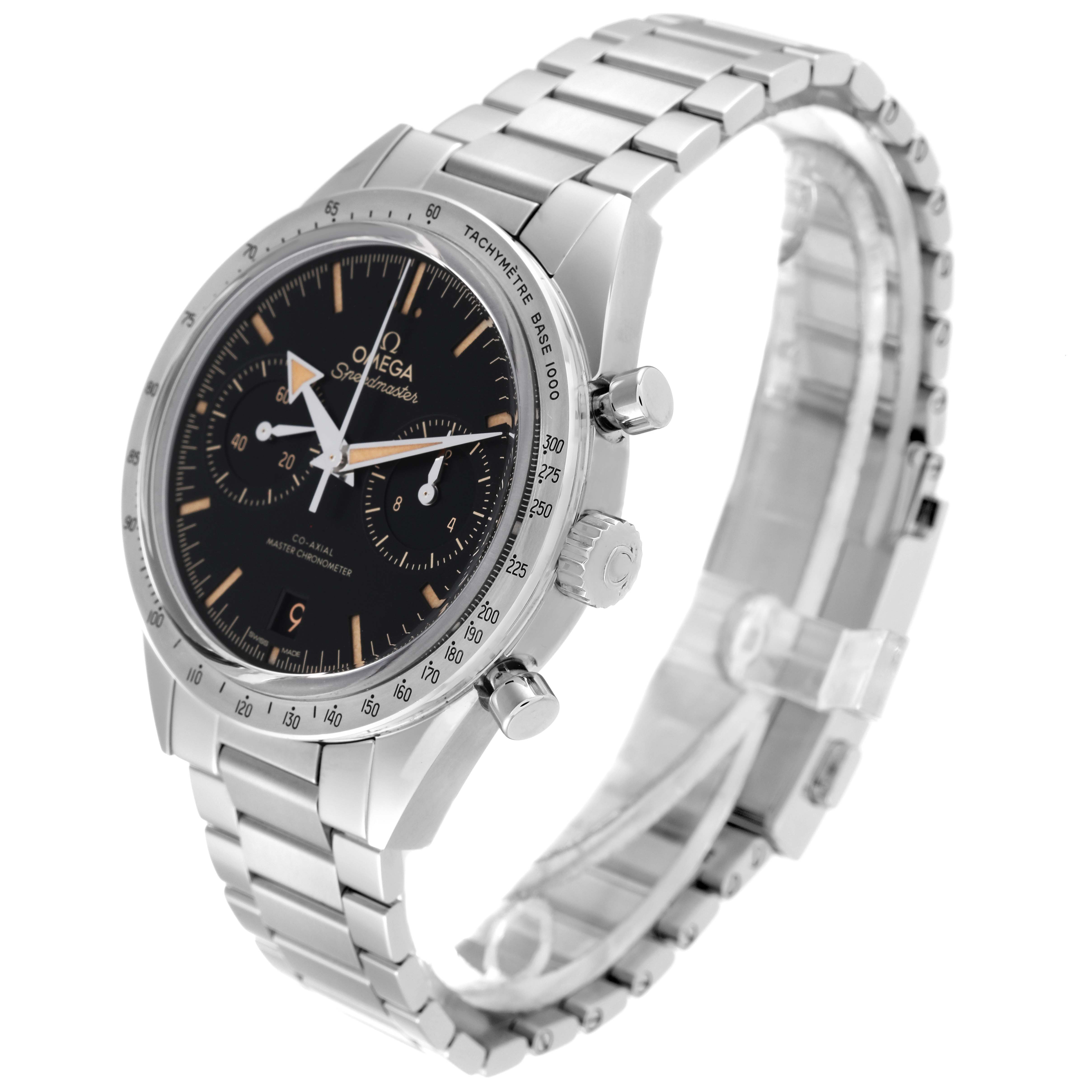 The image shows an Omega Speedmaster 332.10.41.51.01.001 Men
s Stainless Steel Black Dial 332.10.41.51.01.001 Men
s Stainless Steel Black Dial watch at a three-quarter angle, highlighting its black dial, stainless steel case, and bracelet.