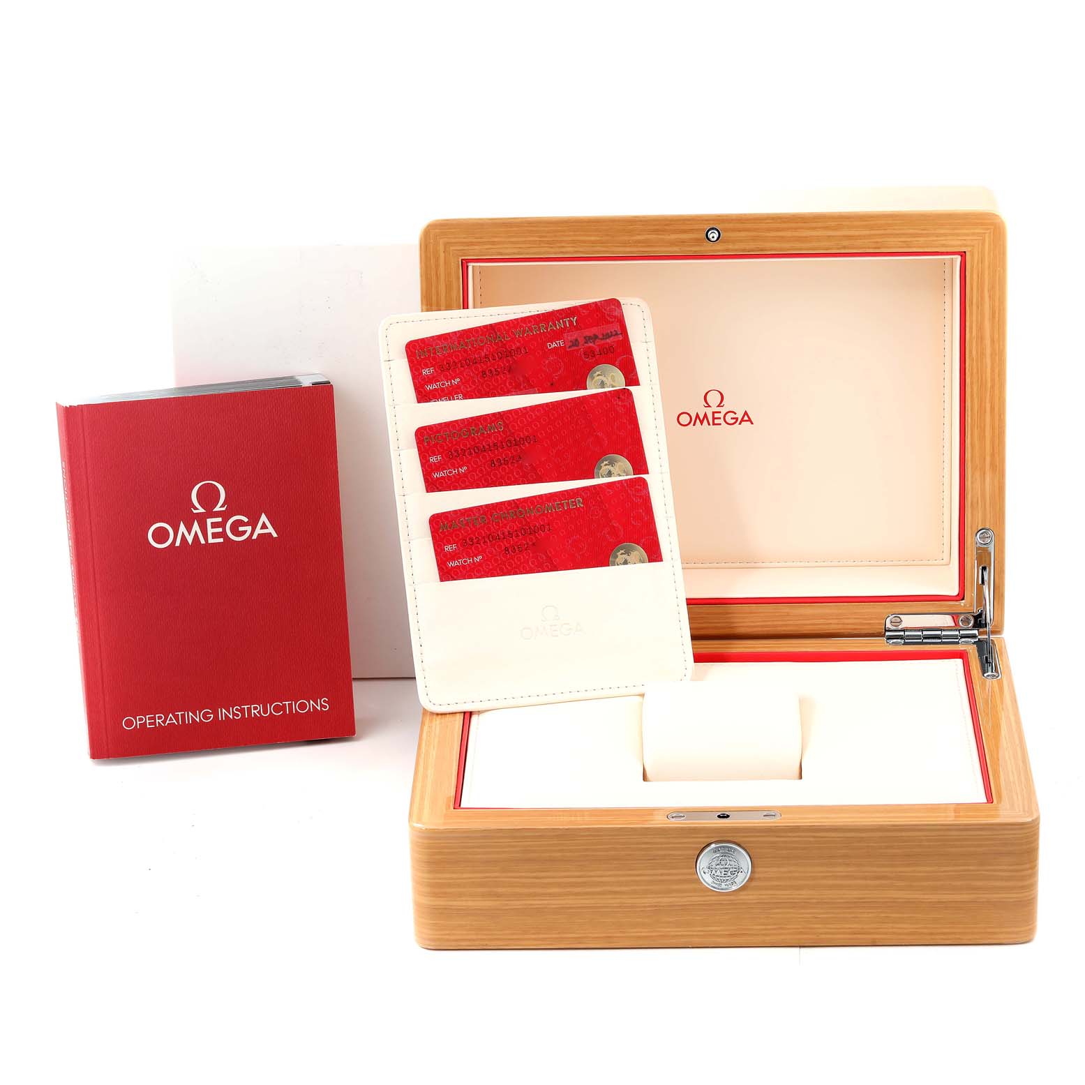 The image shows the Omega Speedmaster 332.10.41.51.01.001 Men
s Stainless Steel Black Dial 332.10.41.51.01.001 Men
s Stainless Steel Black Dial
s wooden box, operating instructions, and warranty cards.