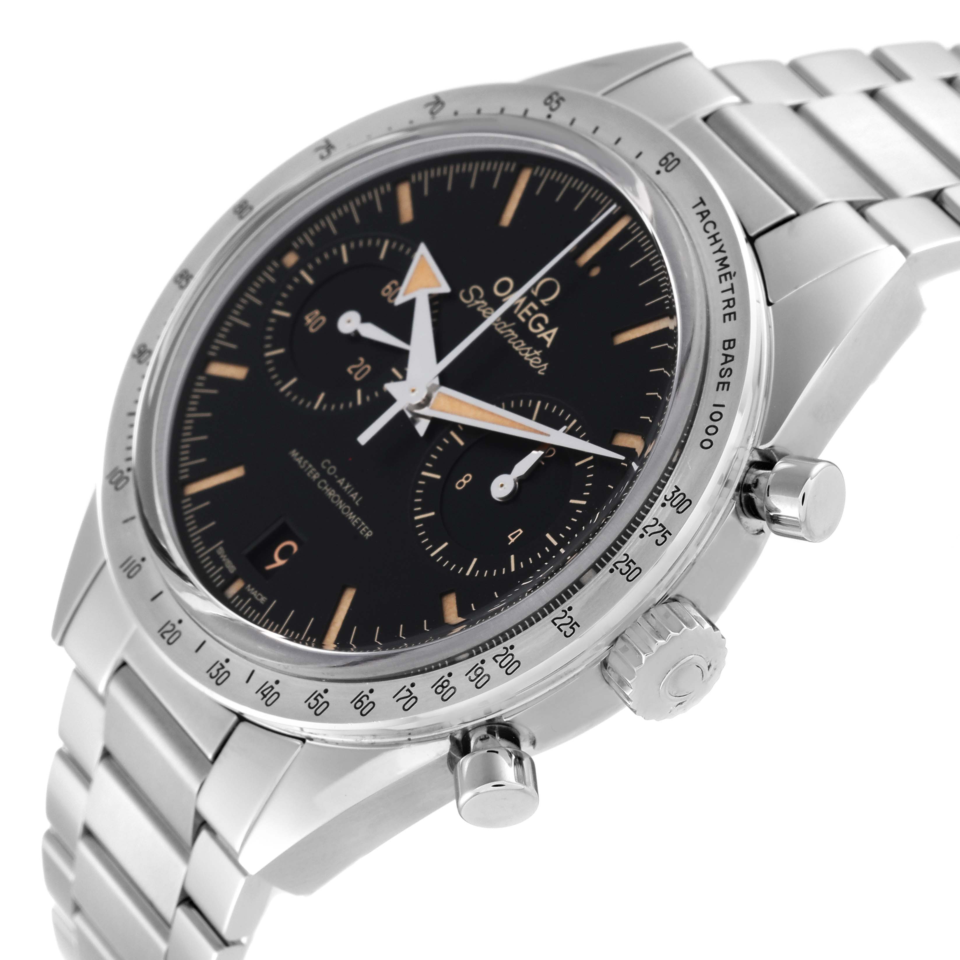 The image shows an angled view of the Omega Speedmaster 332.10.41.51.01.001 Men
s Stainless Steel Black Dial 332.10.41.51.01.001 Men
s Stainless Steel Black Dial watch, highlighting its face, bezel, crown, and stainless steel bracelet.