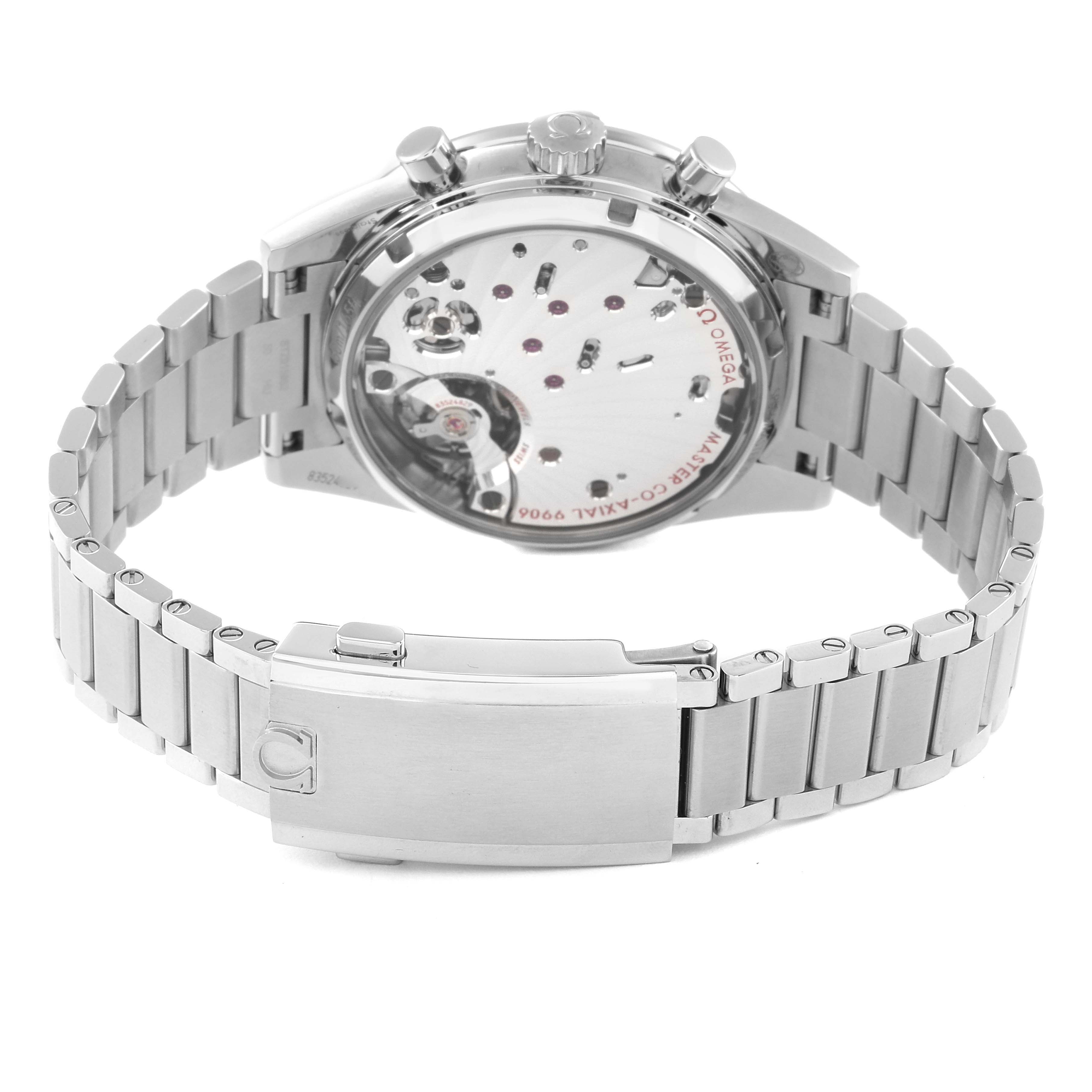 This image shows the back view of the Omega Speedmaster 332.10.41.51.01.001 Men
s Stainless Steel Black Dial 332.10.41.51.01.001 Men
s Stainless Steel Black Dial, revealing its movement and metal bracelet.