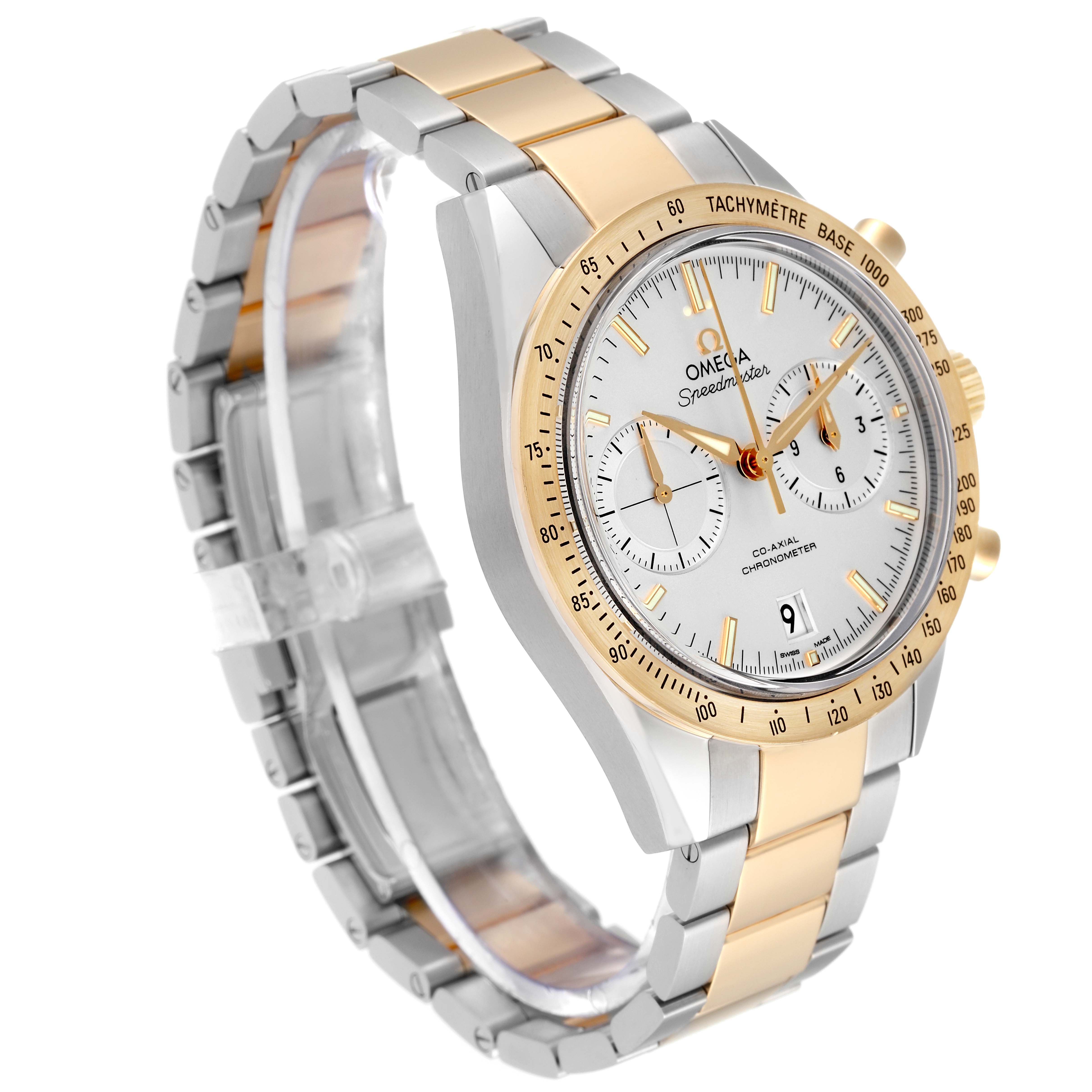 The Omega Speedmaster 331.20.42.51.02.001 Men's Steel and Gold (two tone) White Dial 331.20.42.51.02.001 Men's Steel and Gold (two tone) White Dial watch is displayed at a three-quarter angle, showing its two-tone bracelet, bezel, and dial.
