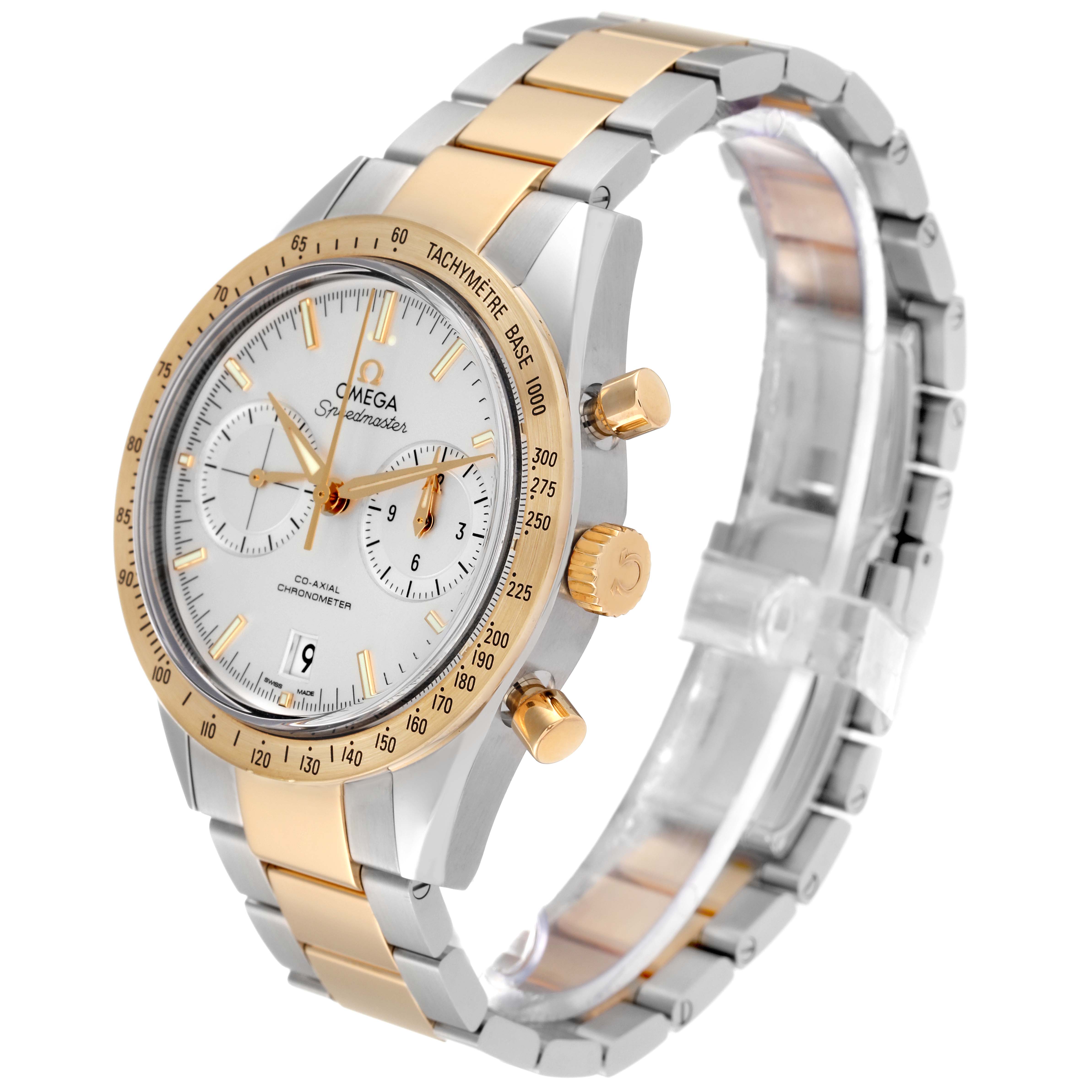 This Omega Speedmaster 331.20.42.51.02.001 Men's Steel and Gold (two tone) White Dial 331.20.42.51.02.001 Men's Steel and Gold (two tone) White Dial watch is shown at a three-quarter angle, highlighting its face, bezel, crown, and band.