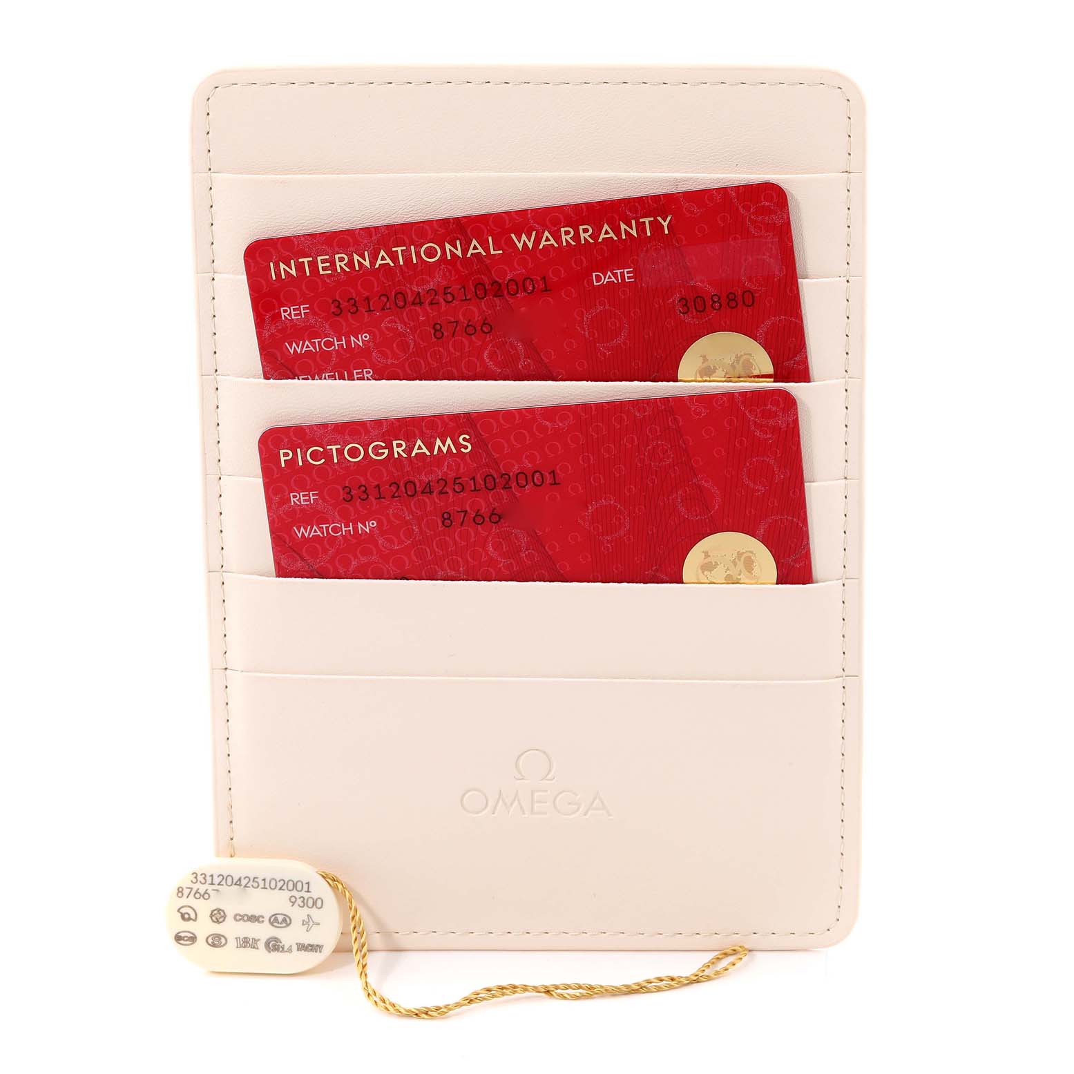 This image shows Omega Speedmaster 331.20.42.51.02.001 Men's Steel and Gold (two tone) White Dial 331.20.42.51.02.001 Men's Steel and Gold (two tone) White Dial accessories: an international warranty card, a pictogram card, and a tag, all in a cardholder.