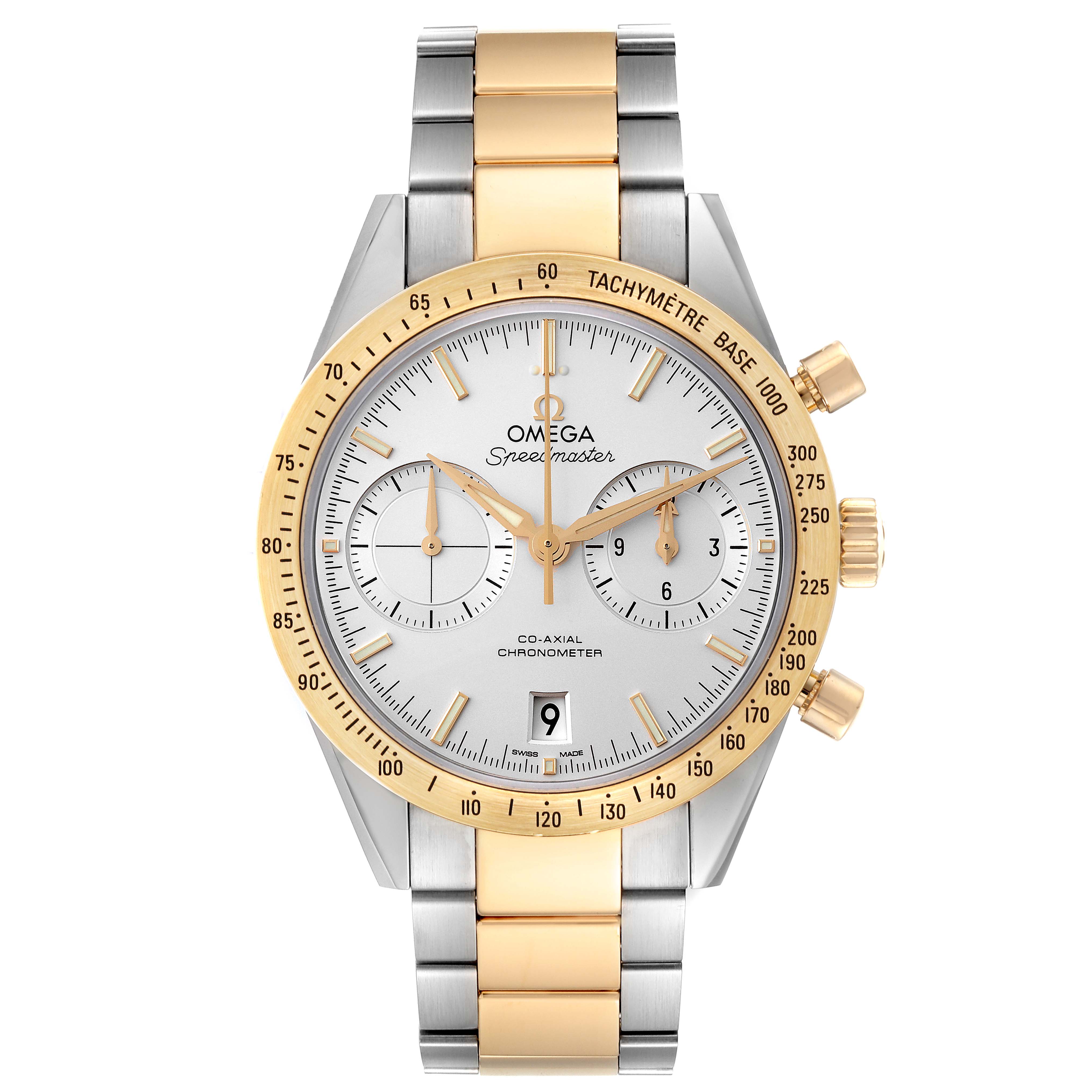 Front view of the Omega Speedmaster 331.20.42.51.02.001 Men's Steel and Gold (two tone) White Dial 331.20.42.51.02.001 Men's Steel and Gold (two tone) White Dial watch showing the face, bezel, chronograph subdials, and bracelet.