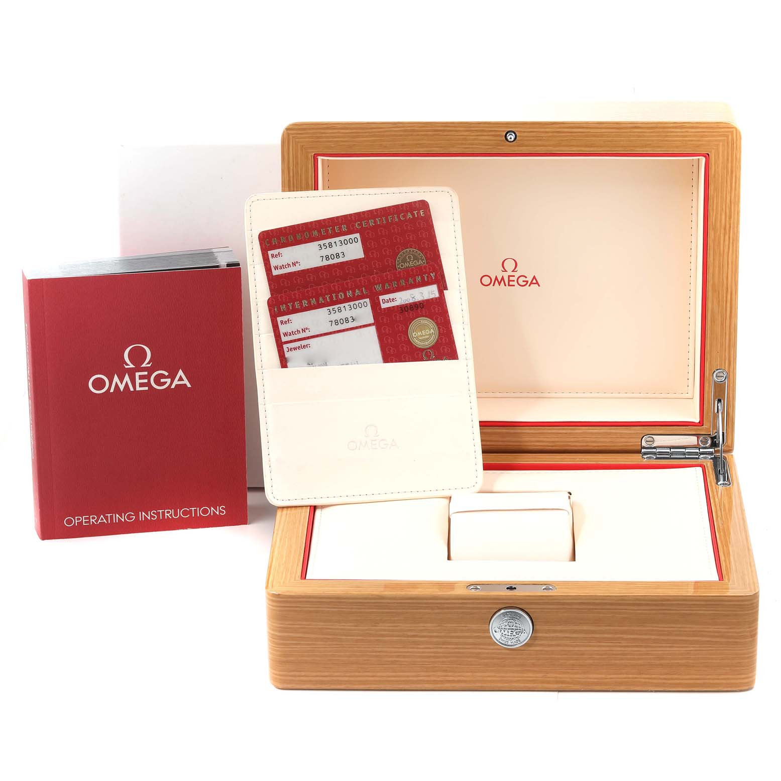 The image shows the wooden box, warranty cards, and operating instructions for the Omega Speedmaster 3581.30.00 Men
s Stainless Steel White Dial 3581.30.00 Men
s Stainless Steel White Dial watch.