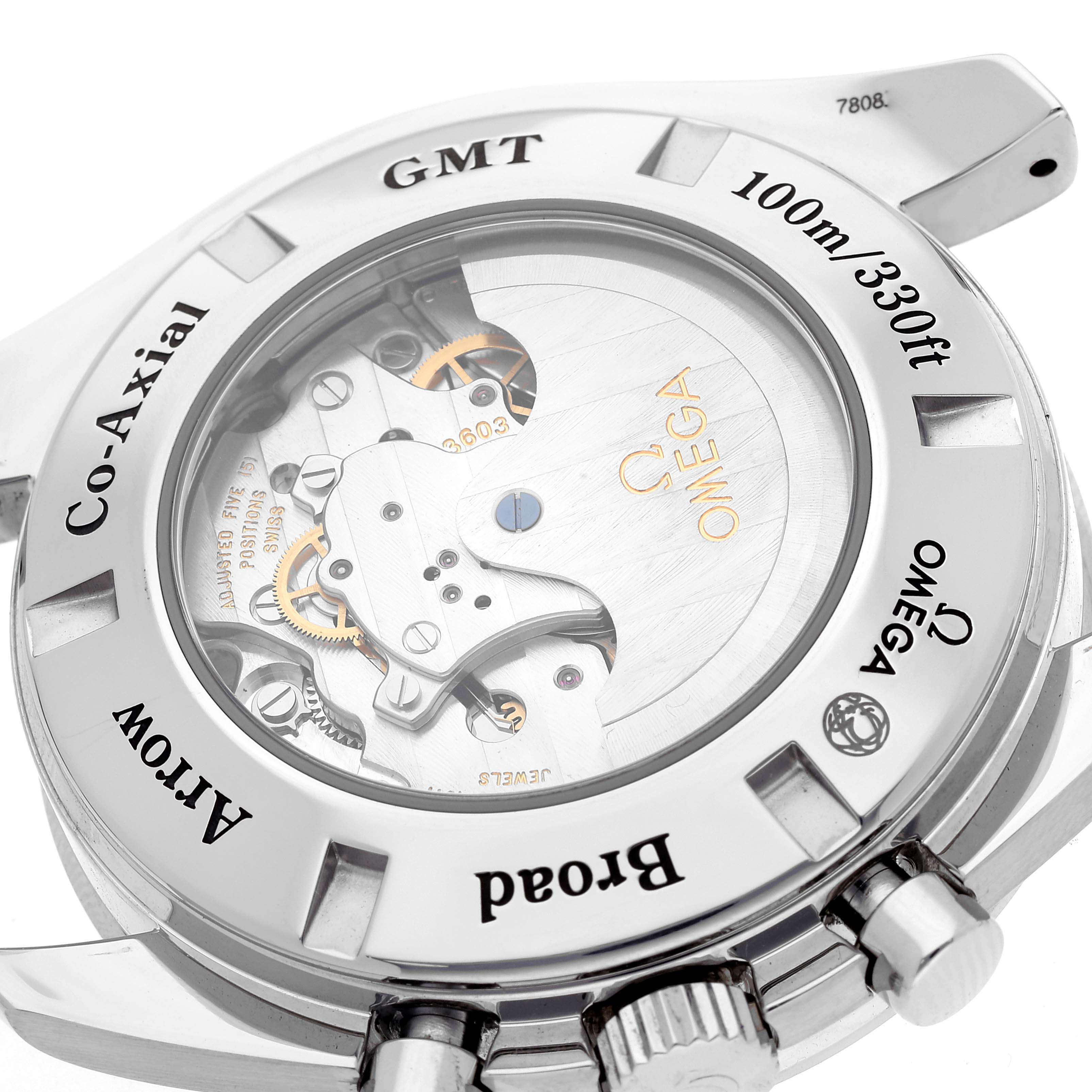 This image shows the back view of the Omega Speedmaster 3581.30.00 Men
s Stainless Steel White Dial 3581.30.00 Men
s Stainless Steel White Dial, highlighting the Co-Axial GMT mechanism and other internal components.