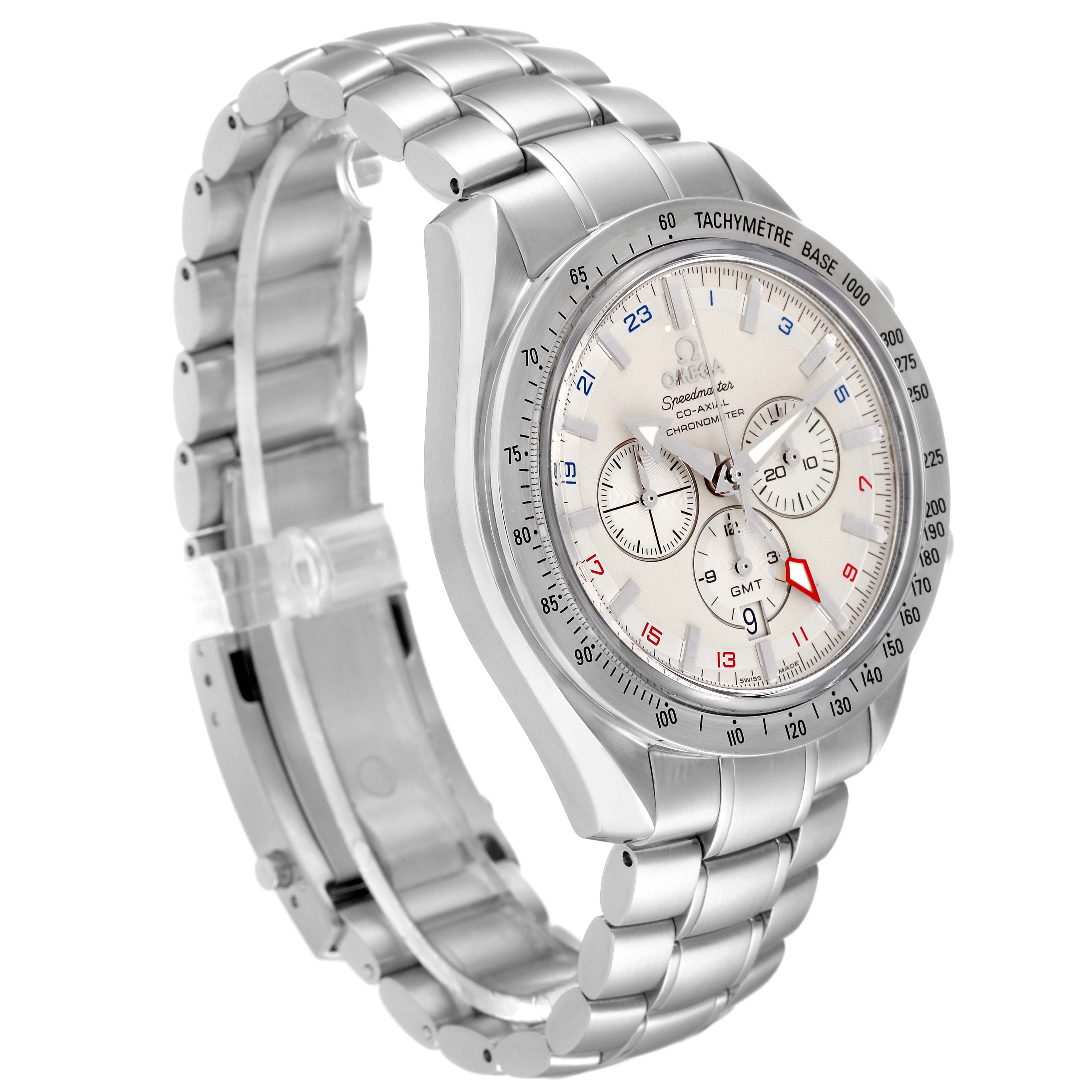 The image shows an Omega Speedmaster 3581.30.00 Men
s Stainless Steel White Dial 3581.30.00 Men
s Stainless Steel White Dial watch, angled from the front-left, featuring its dial, bezel, and metal bracelet.