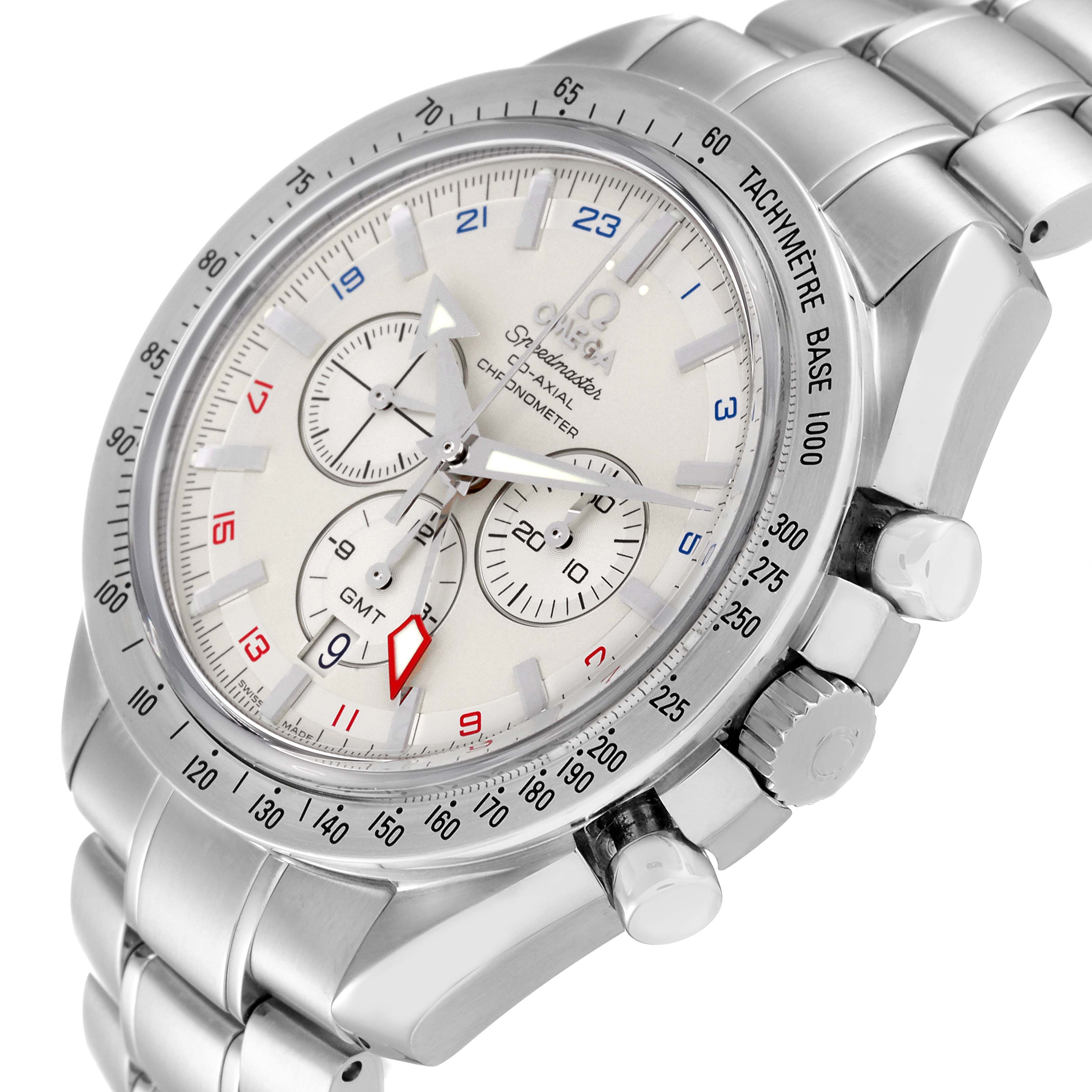 The image shows an Omega Speedmaster 3581.30.00 Men
s Stainless Steel White Dial 3581.30.00 Men
s Stainless Steel White Dial watch with a steel bracelet, viewed at a slight angle from the side, highlighting the dial and bezel.