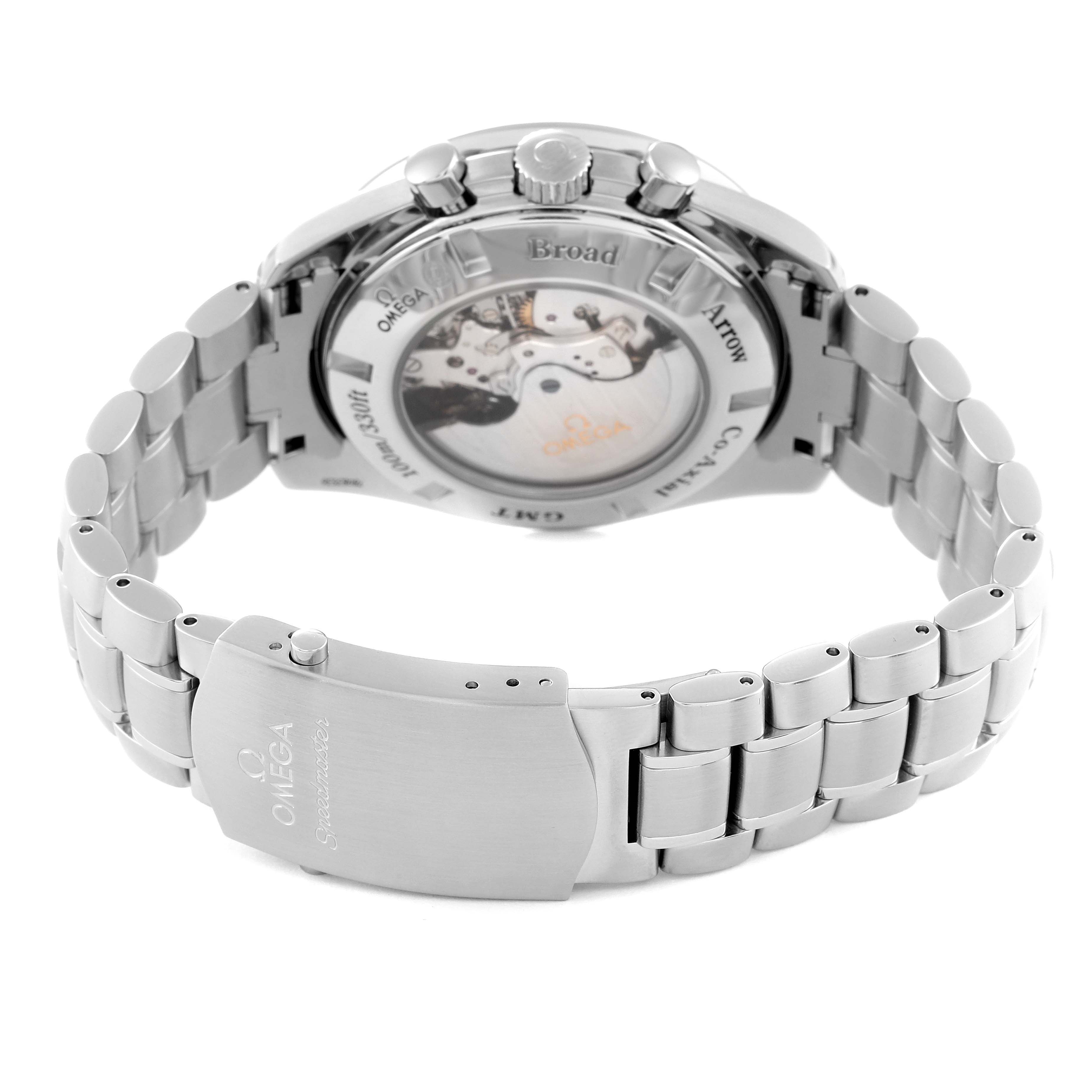 The image shows the back view of the Omega Speedmaster 3581.30.00 Men
s Stainless Steel White Dial 3581.30.00 Men
s Stainless Steel White Dial watch, including its case back and metal bracelet with clasp.