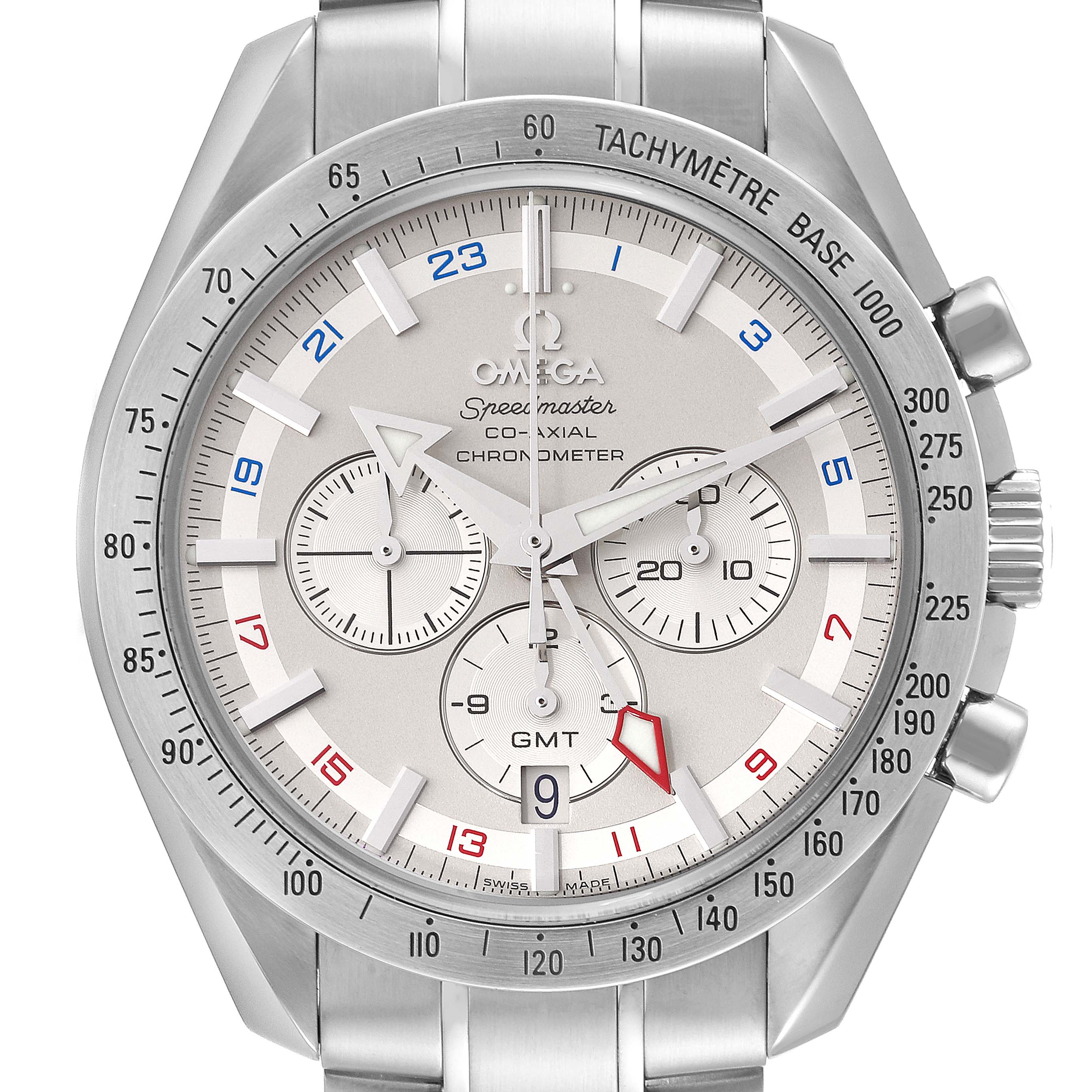 The image shows the face of the Omega Speedmaster 3581.30.00 Men
s Stainless Steel White Dial 3581.30.00 Men
s Stainless Steel White Dial watch, highlighting its chronograph dials, tachymetre bezel, and GMT hand.