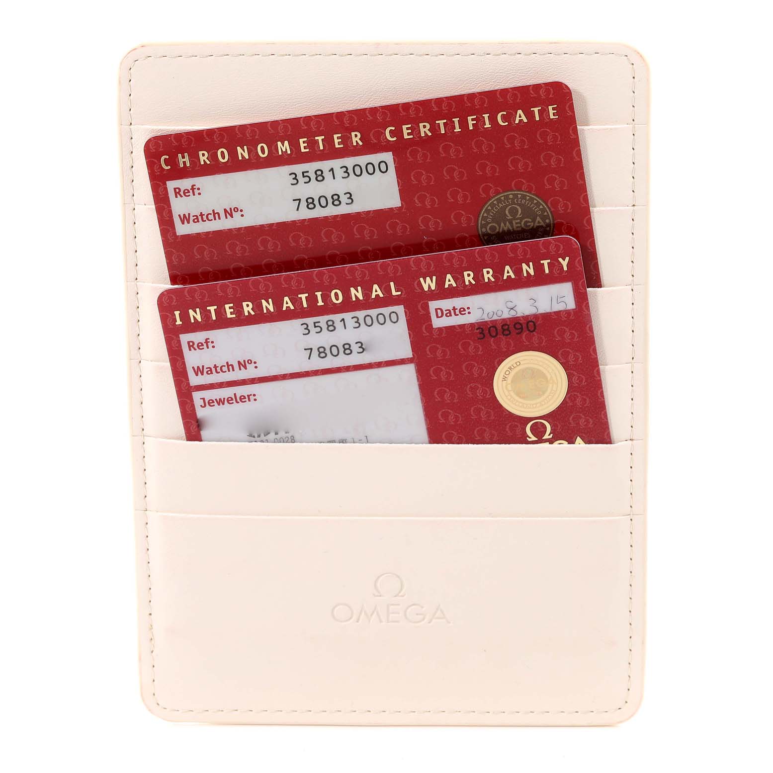 The image shows an Omega Speedmaster 3581.30.00 Men
s Stainless Steel White Dial 3581.30.00 Men
s Stainless Steel White Dial Chronometer Certificate and International Warranty cards in a white Omega card holder.