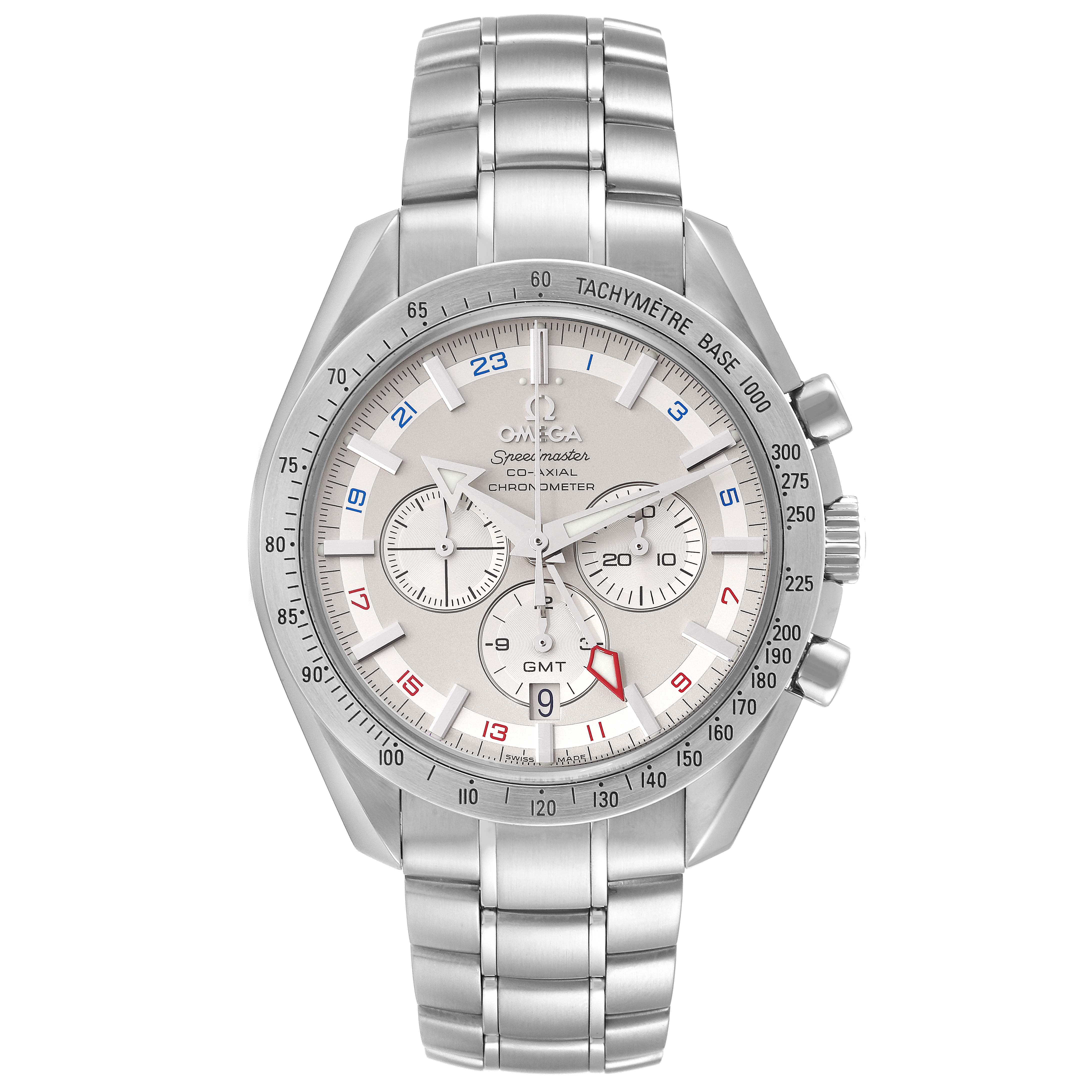 The image shows a front view of the Omega Speedmaster 3581.30.00 Men
s Stainless Steel White Dial 3581.30.00 Men
s Stainless Steel White Dial watch with its face, crown, and stainless steel bracelet clearly visible.