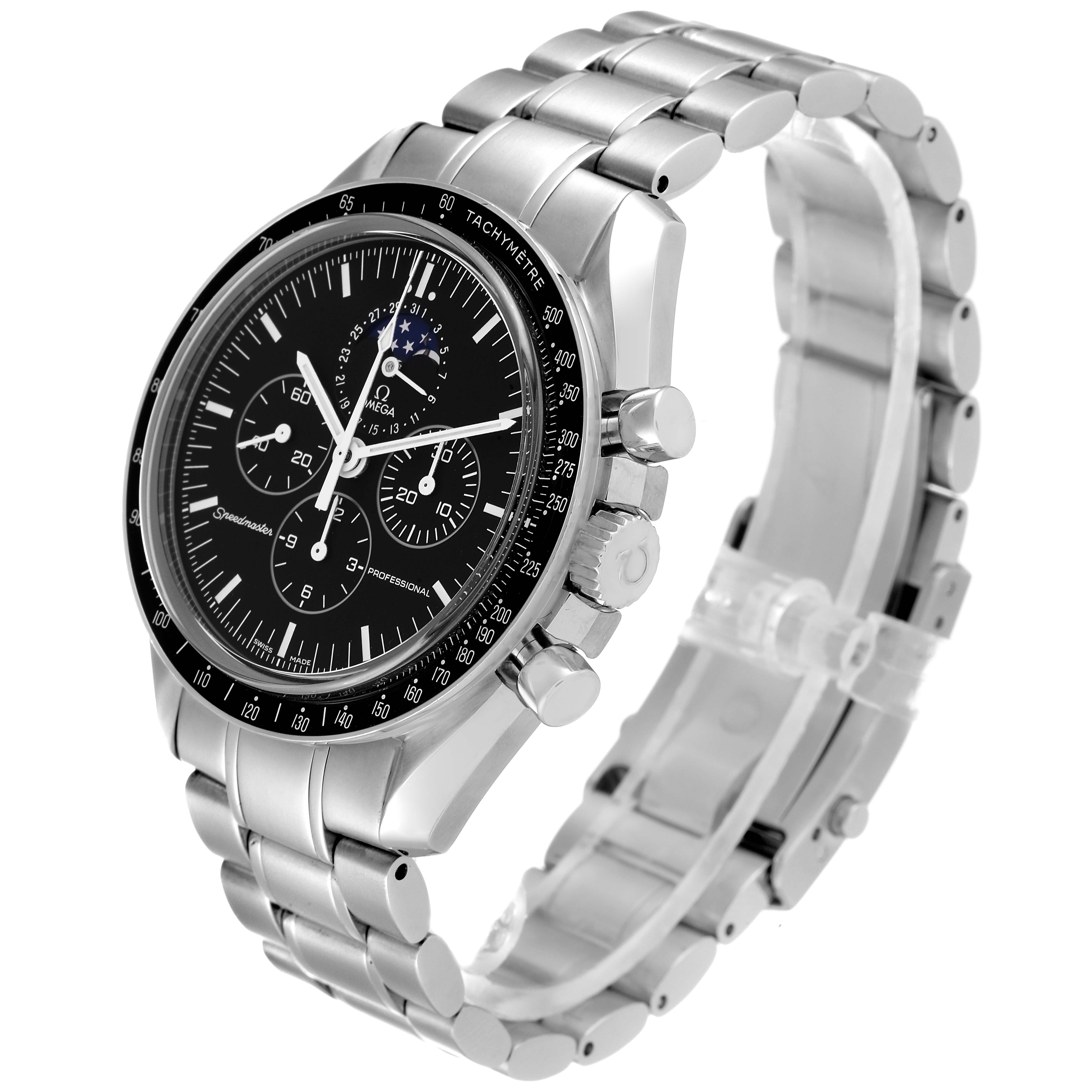 The image shows an Omega Speedmaster 3576.50.00 Men's Stainless Steel Black Dial 3576.50.00 Men's Stainless Steel Black Dial watch from a three-quarter angle, highlighting the bezel, dial, pushers, crown, and metal bracelet.