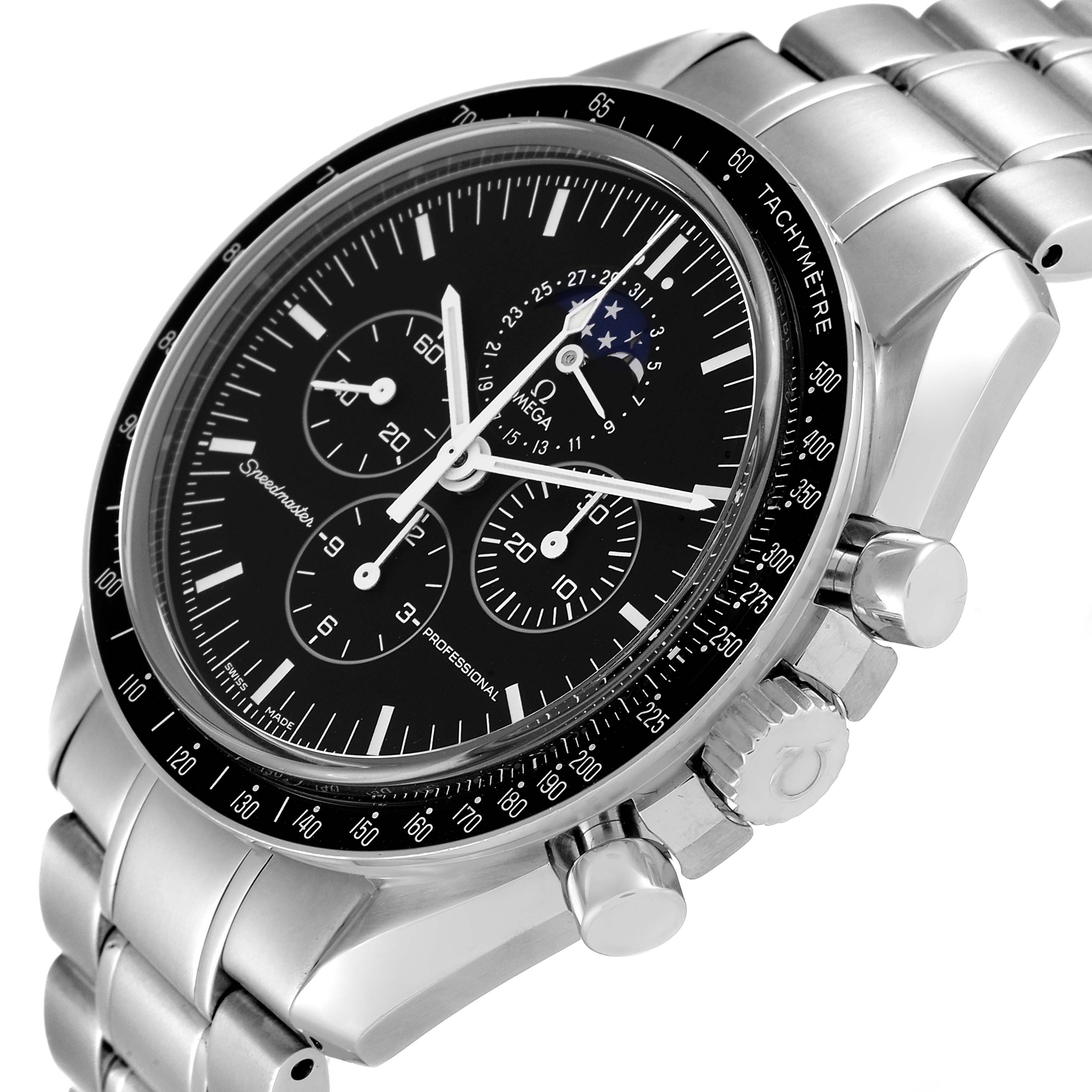 This image shows an Omega Speedmaster 3576.50.00 Men's Stainless Steel Black Dial 3576.50.00 Men's Stainless Steel Black Dial watch from an angled side view, highlighting its dial, bezel, and bracelet.
