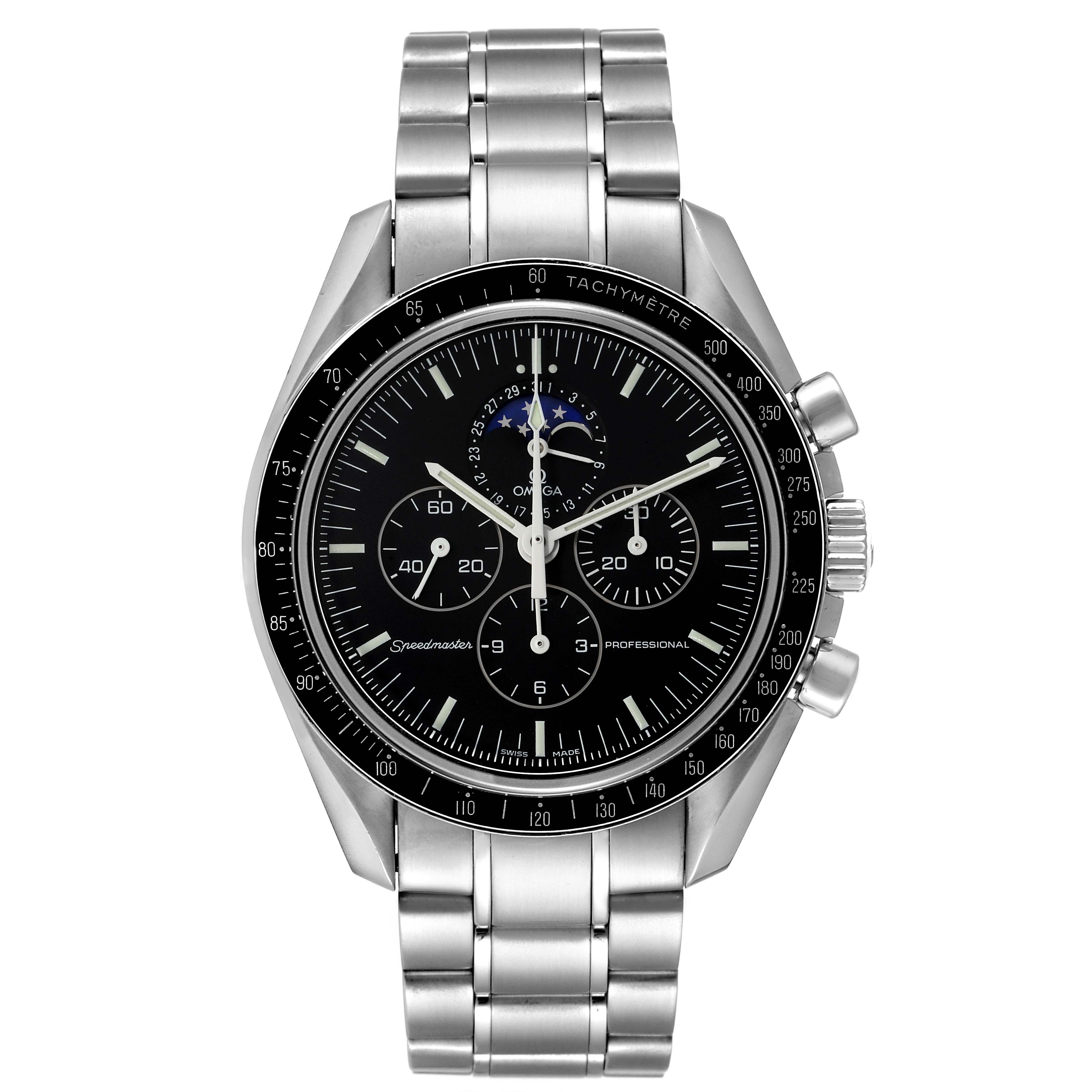 The Omega Speedmaster 3576.50.00 Men's Stainless Steel Black Dial 3576.50.00 Men's Stainless Steel Black Dial watch is shown from a front view, displaying its dial, bezel, case, and metal bracelet.