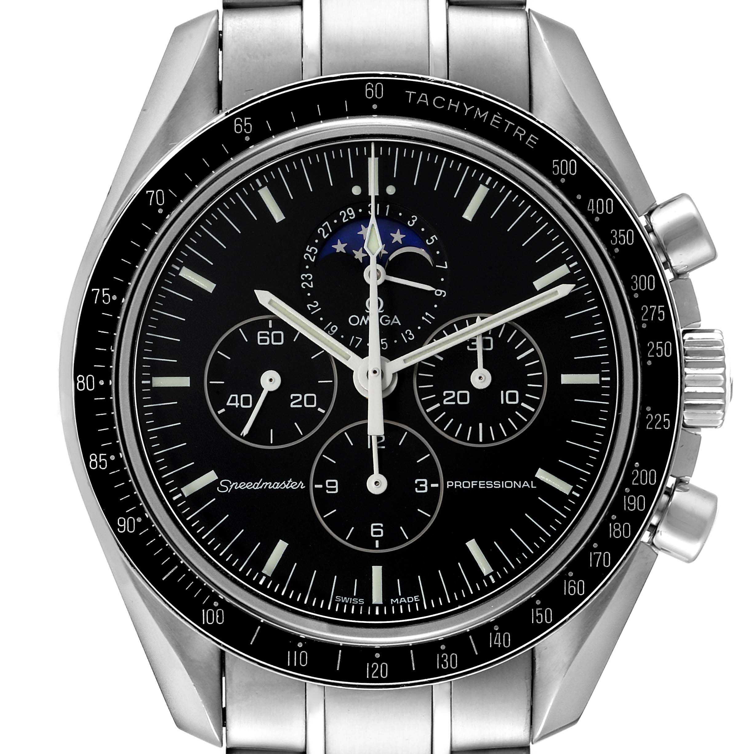 The image shows a front view of the Omega Speedmaster 3576.50.00 Men's Stainless Steel Black Dial 3576.50.00 Men's Stainless Steel Black Dial watch, highlighting its dial, subdials, and tachymeter bezel.