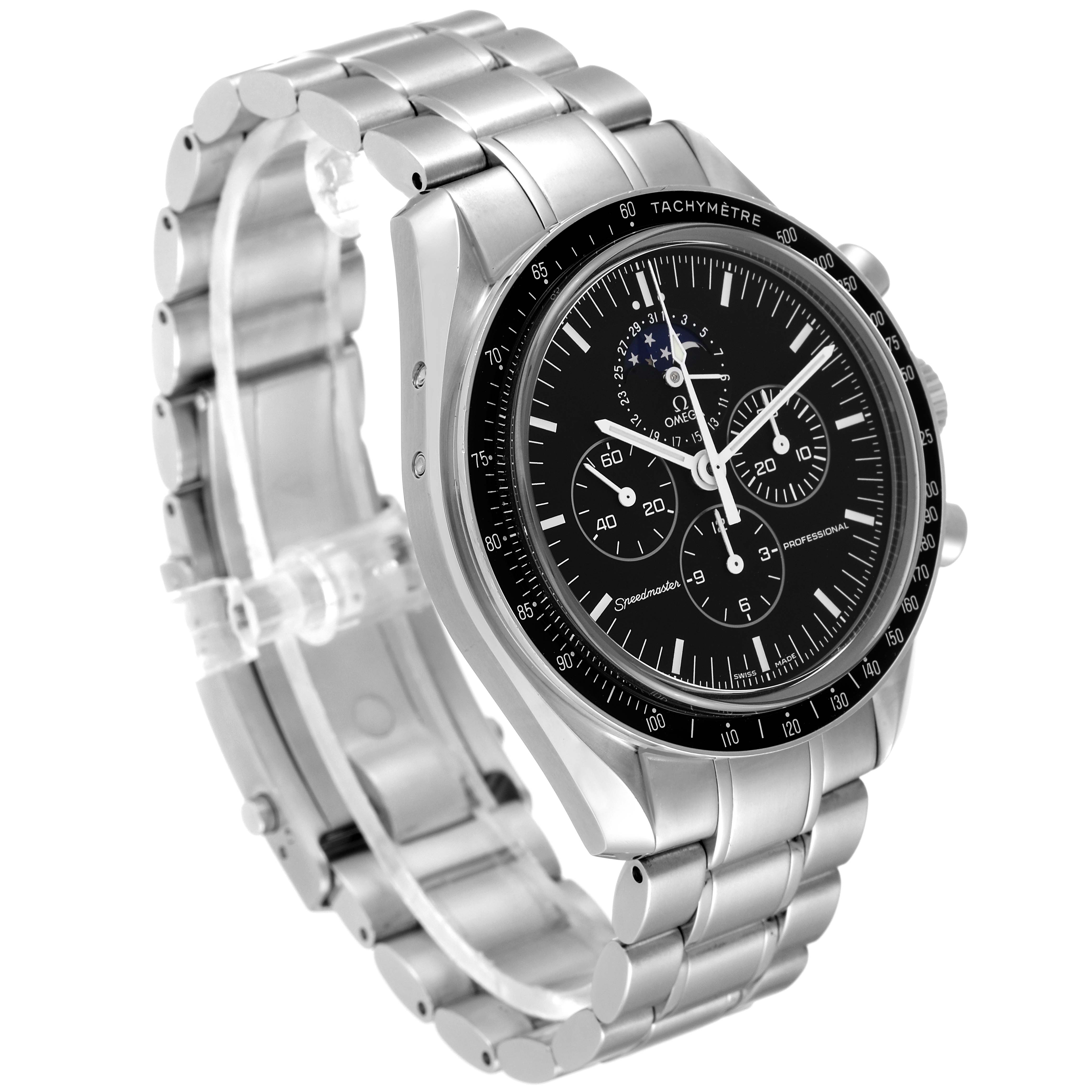 The image shows a three-quarter view of an Omega Speedmaster 3576.50.00 Men's Stainless Steel Black Dial 3576.50.00 Men's Stainless Steel Black Dial watch, highlighting the dial, tachymeter bezel, and metal bracelet.