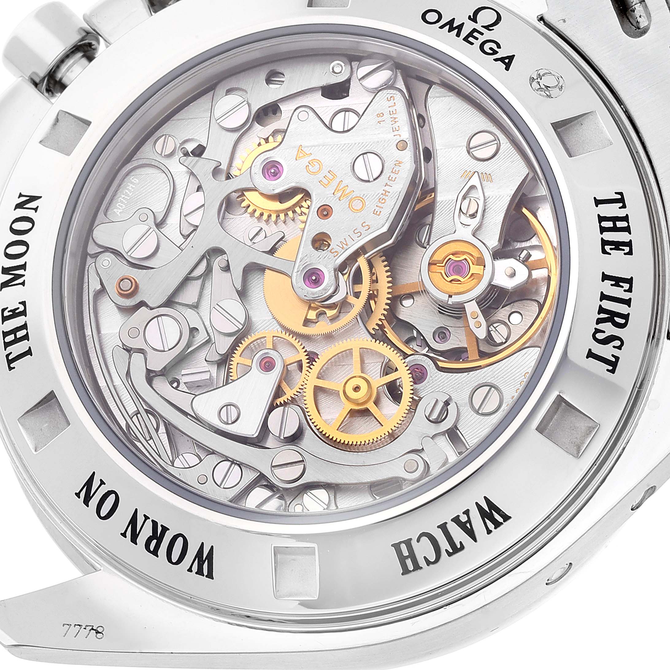 The image shows a close-up view of the Omega Speedmaster 3576.50.00 Men's Stainless Steel Black Dial 3576.50.00 Men's Stainless Steel Black Dial's intricate movement through its transparent case back.