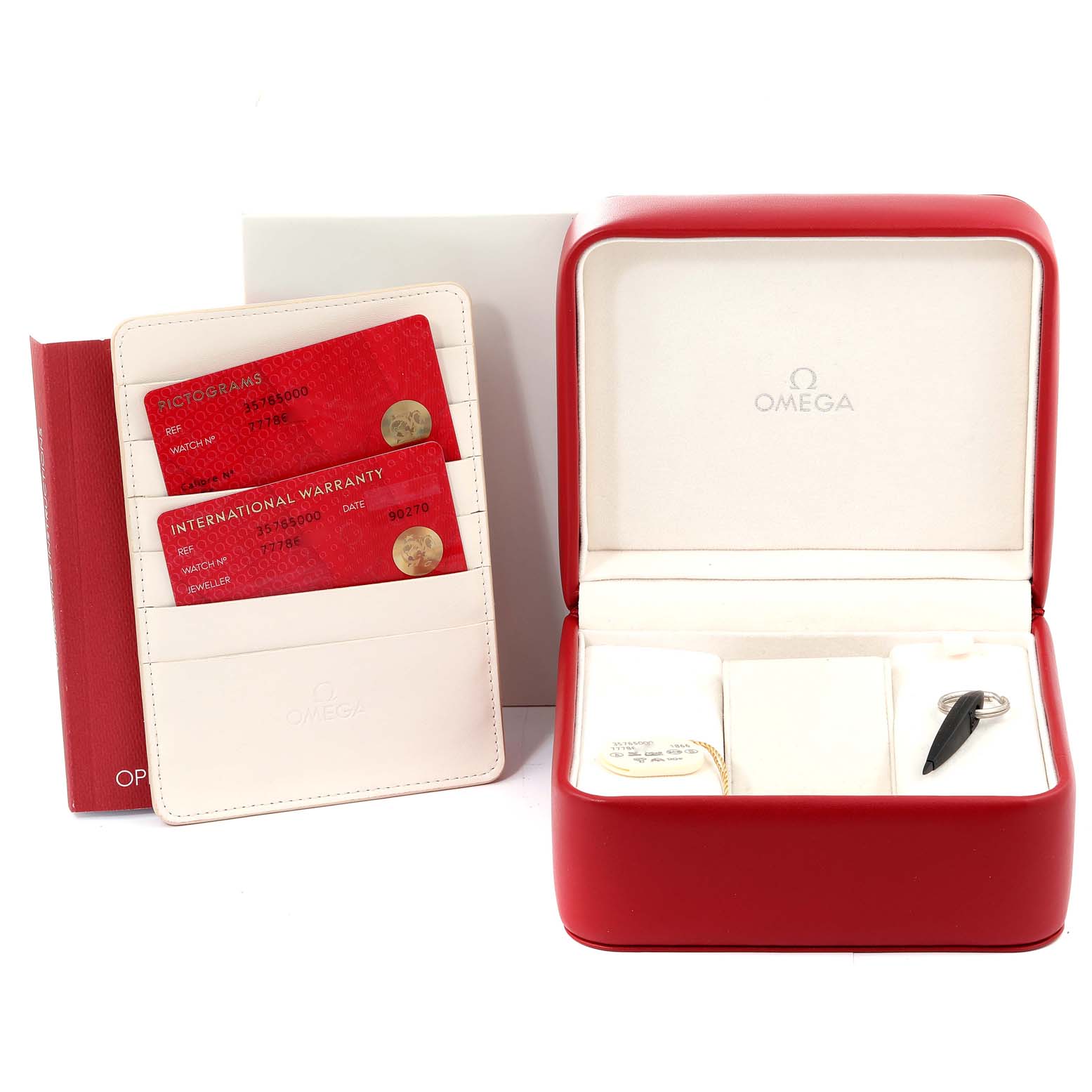 The image shows the Omega Speedmaster 3576.50.00 Men's Stainless Steel Black Dial 3576.50.00 Men's Stainless Steel Black Dial's packaging, warranty cards, and a red watch box.