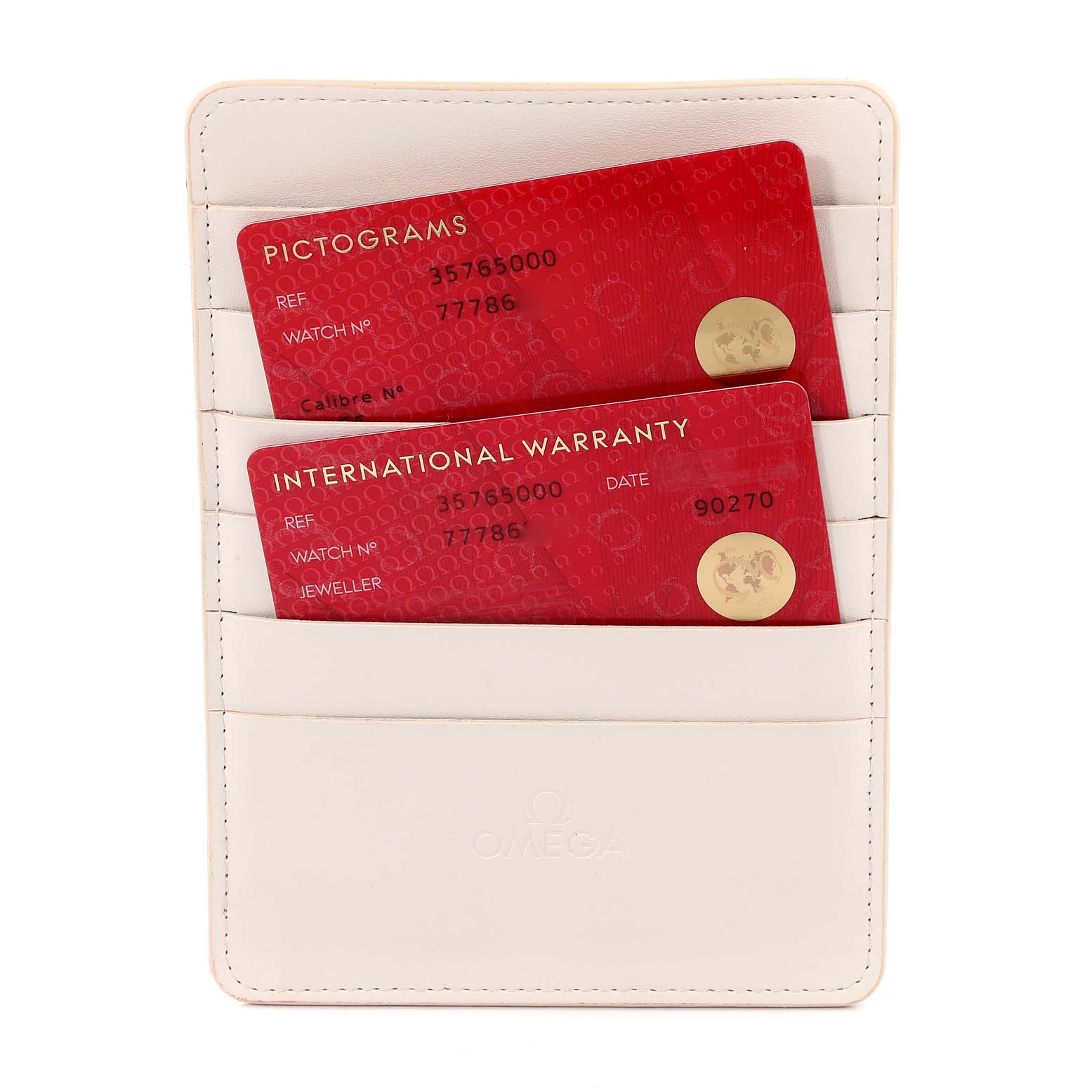 The image shows Omega Speedmaster 3576.50.00 Men's Stainless Steel Black Dial 3576.50.00 Men's Stainless Steel Black Dial warranty cards in a white cardholder, viewed from the front.