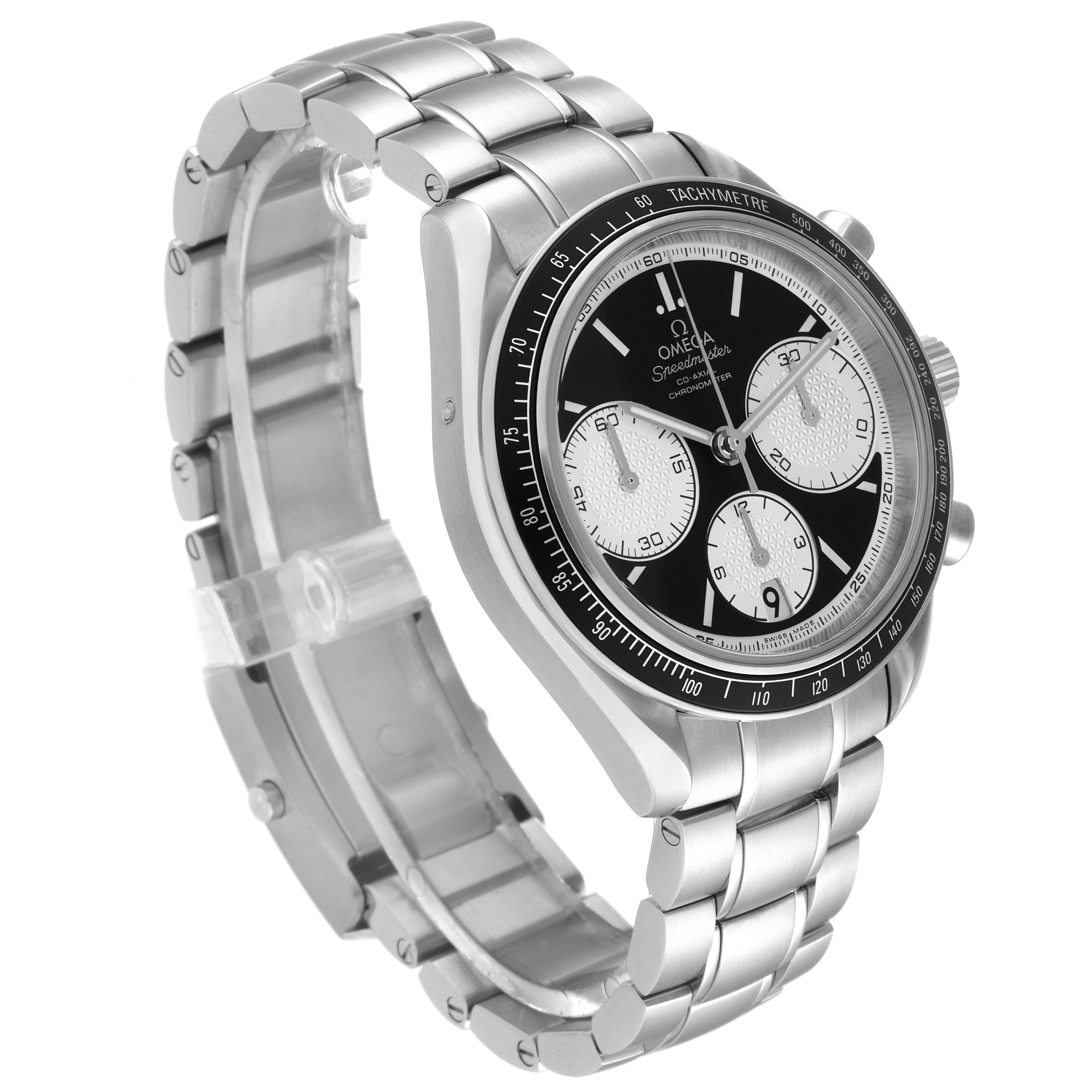 The image shows an Omega Speedmaster 326.30.40.50.01.002 Men
s Stainless Steel Black Dial 326.30.40.50.01.002 Men
s Stainless Steel Black Dial watch at a three-quarter angle, highlighting the watch face, tachymeter bezel, and metal bracelet.