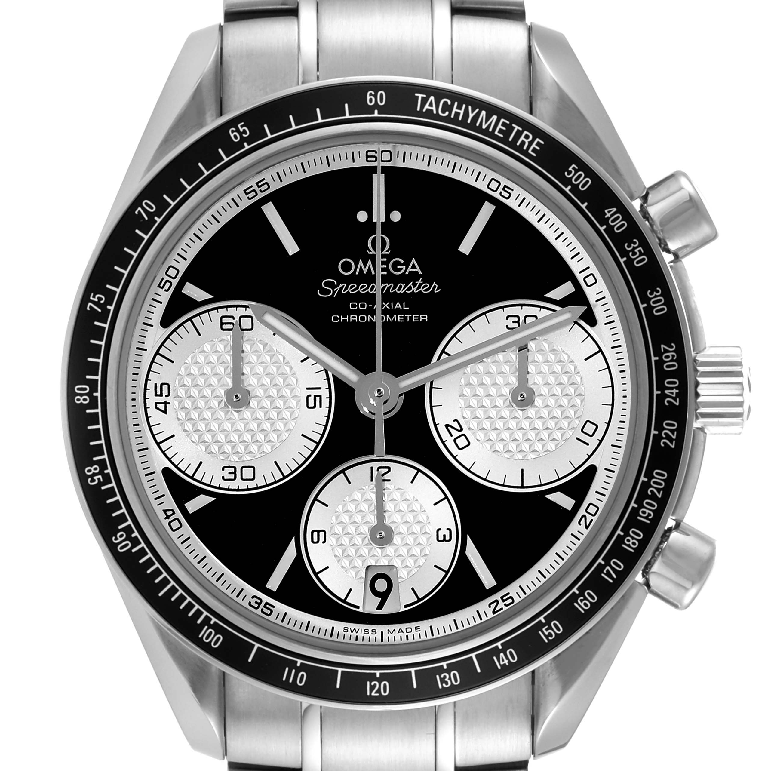 The image shows a frontal view of the Omega Speedmaster 326.30.40.50.01.002 Men
s Stainless Steel Black Dial 326.30.40.50.01.002 Men
s Stainless Steel Black Dial watch, focusing on the dial, subdials, tachymeter bezel, and stainless steel bracelet.