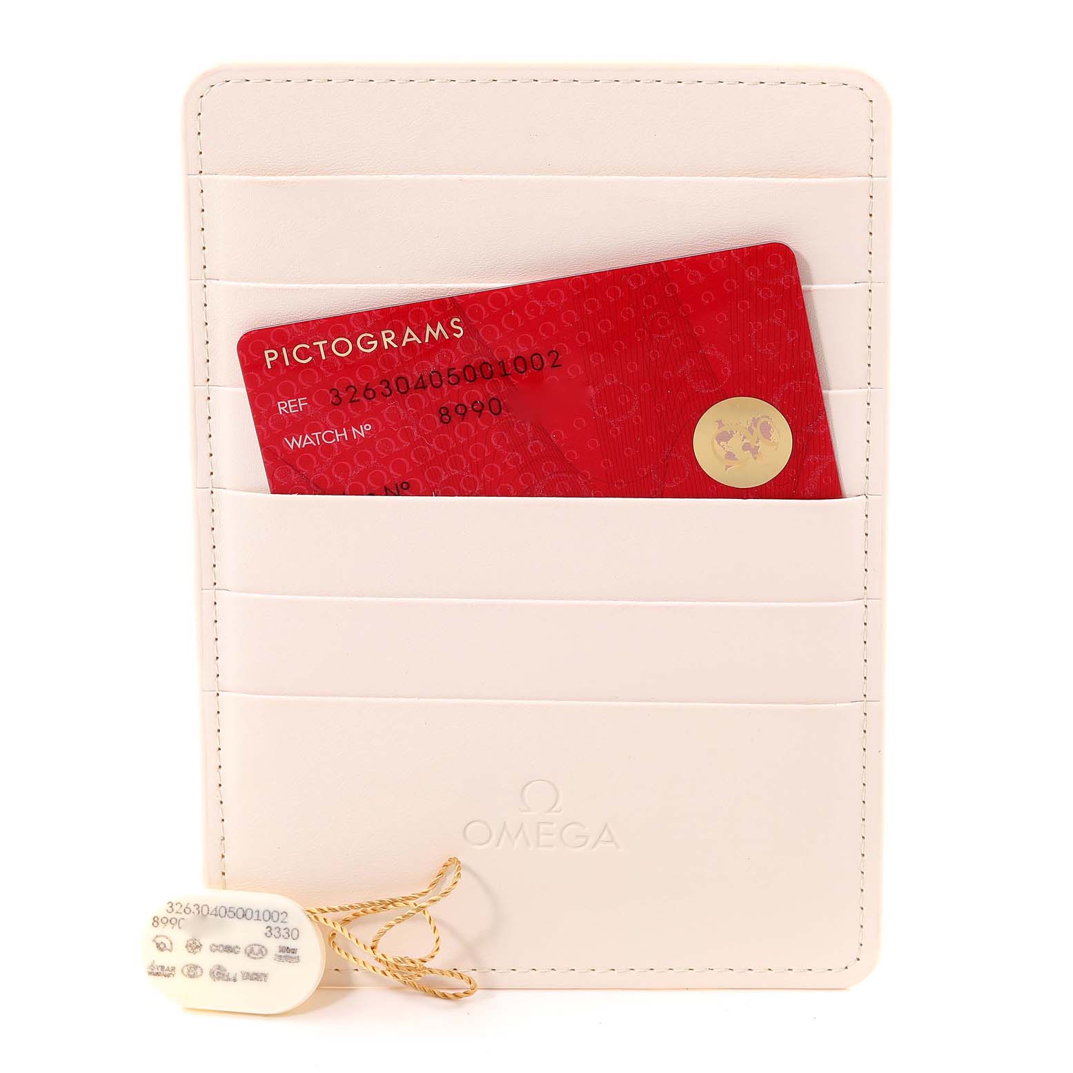 The image shows an Omega Speedmaster 326.30.40.50.01.002 Men
s Stainless Steel Black Dial 326.30.40.50.01.002 Men
s Stainless Steel Black Dial watch card holder with a red pictogram card and a watch tag.